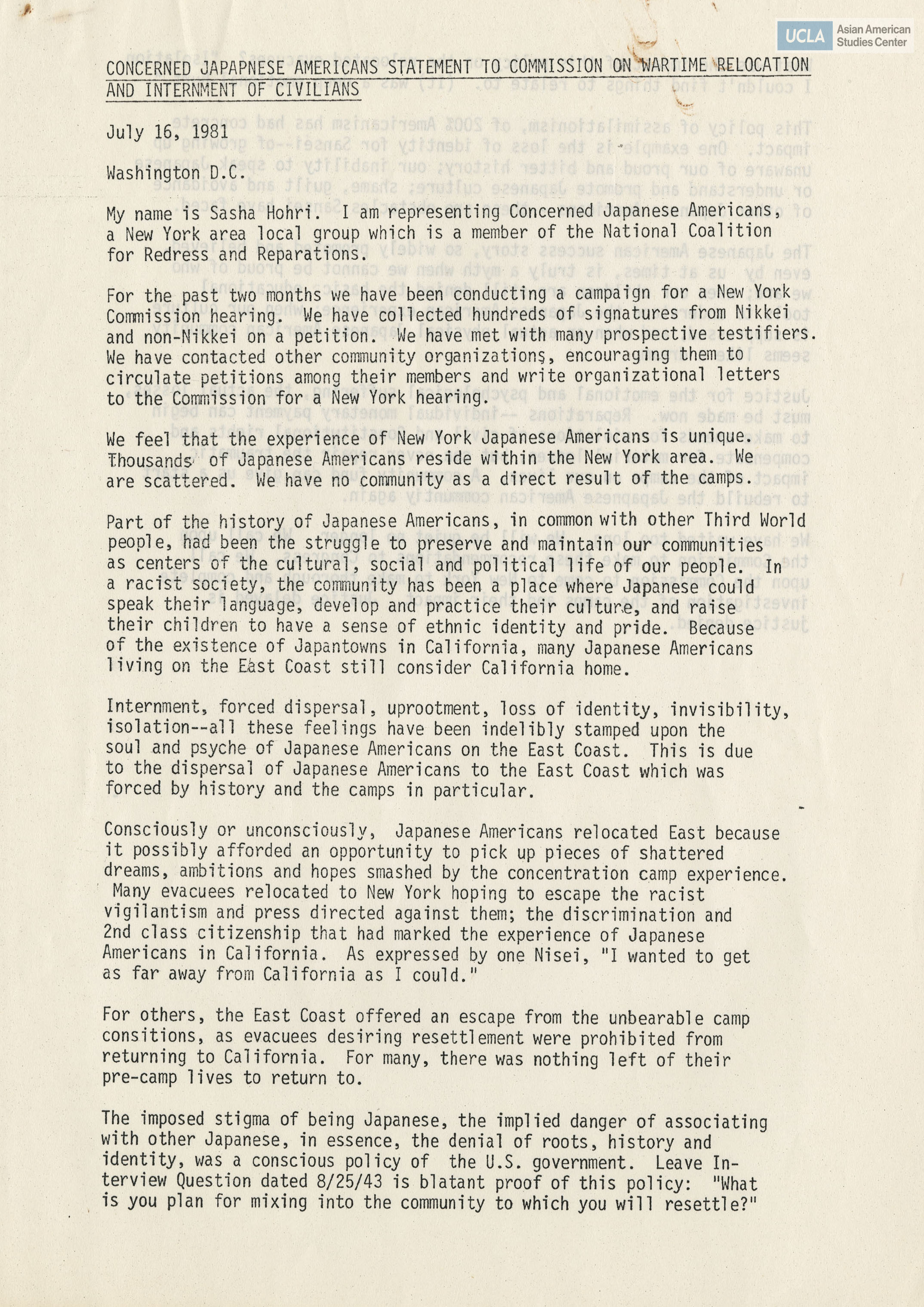 Written testimony from Sasha Hori, representing the organization Concerned Japanese Americans for the Commission on Wartime Relocation and Internment of Civilians.