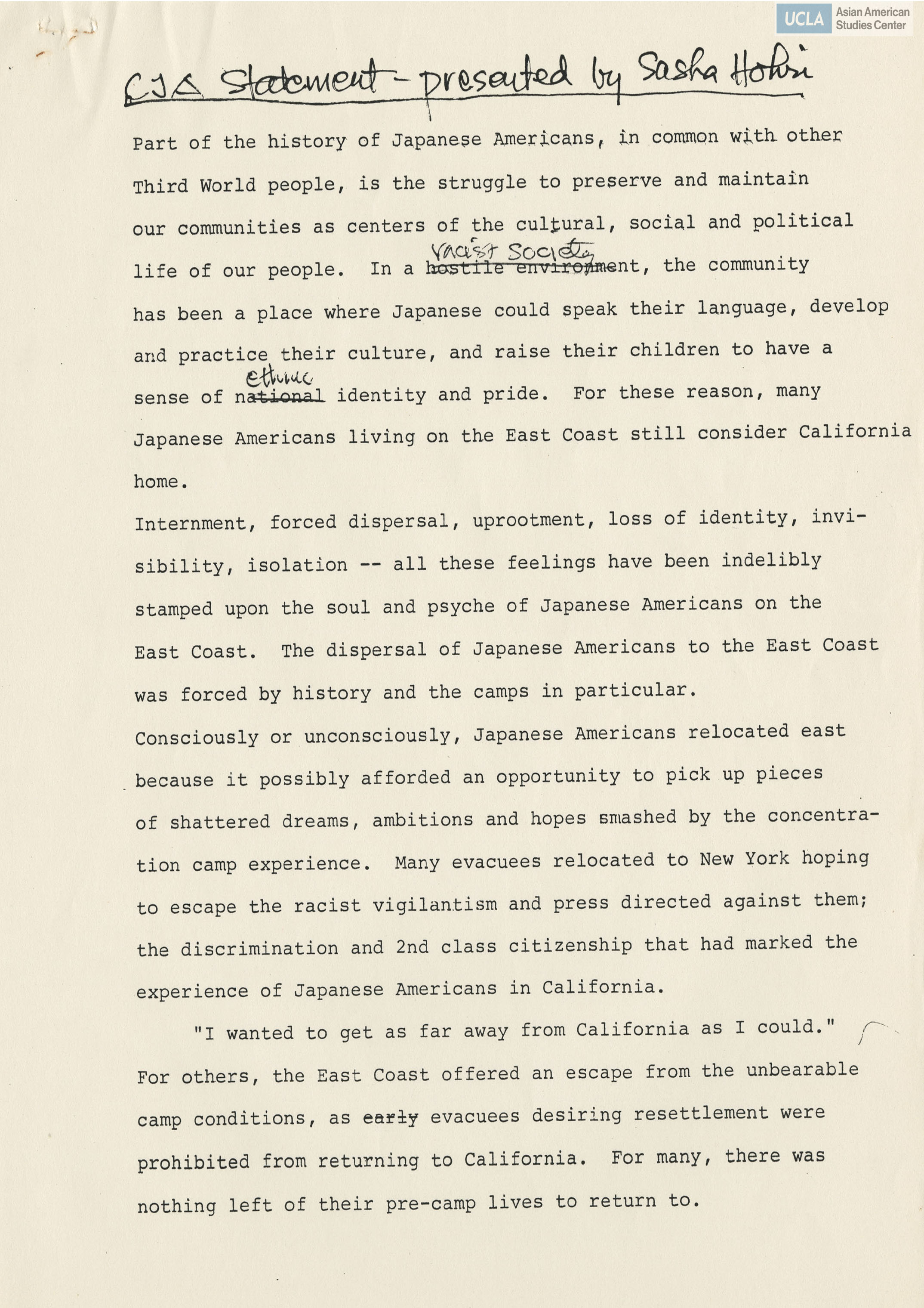 Written testimony of Concerned Japanese Americans, presented by Sasha Hori.