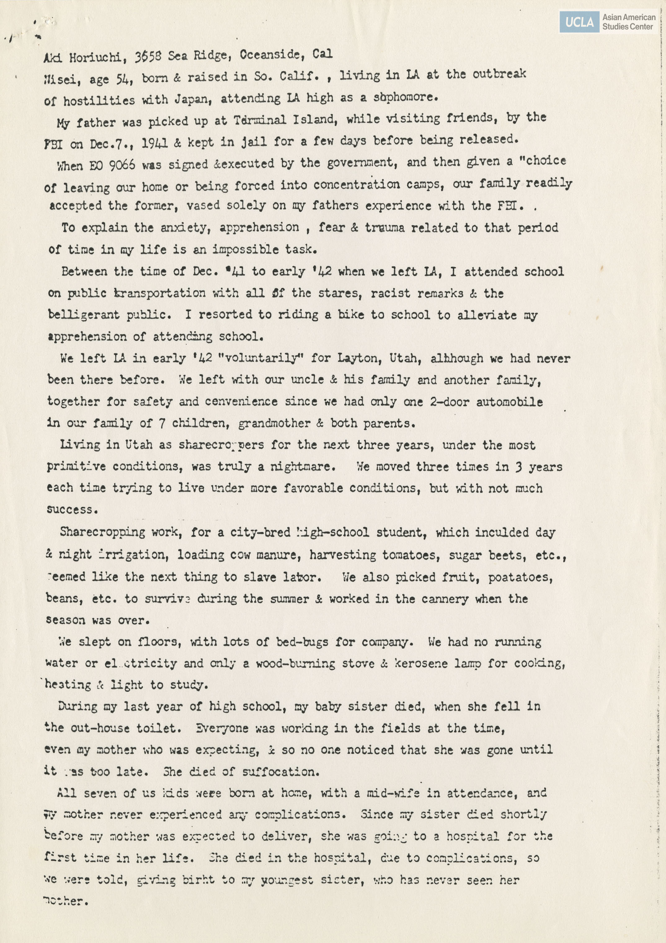 Written testimony from Aki Horiuchi regarding the Commission on Wartime Relocation and Internment of Civilians.