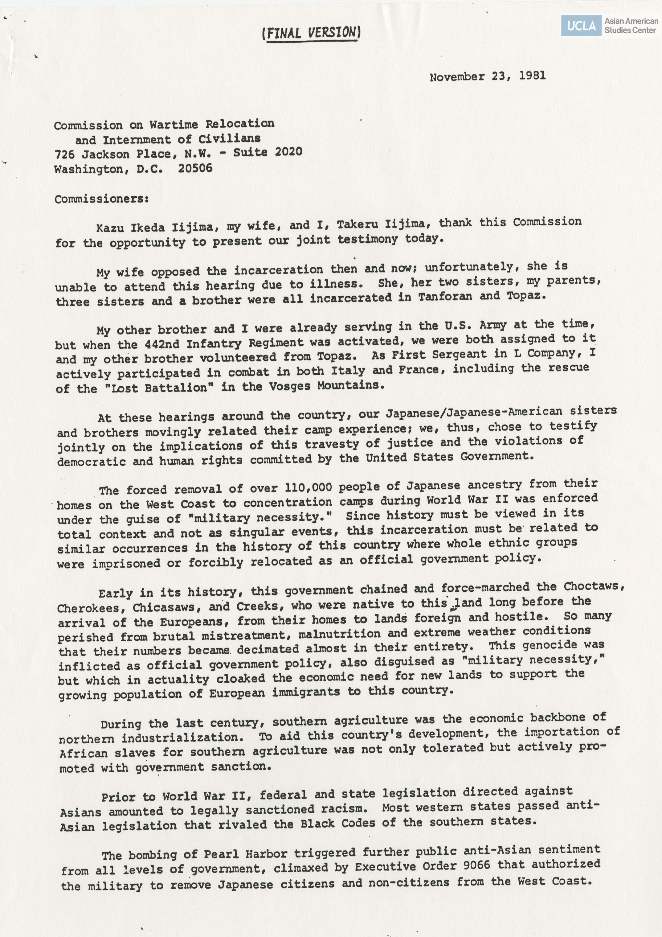 Written testimony from Kazu Iijima and Takeru Iijima regarding the Commission on Wartime Relocation and Internment of Civilians.