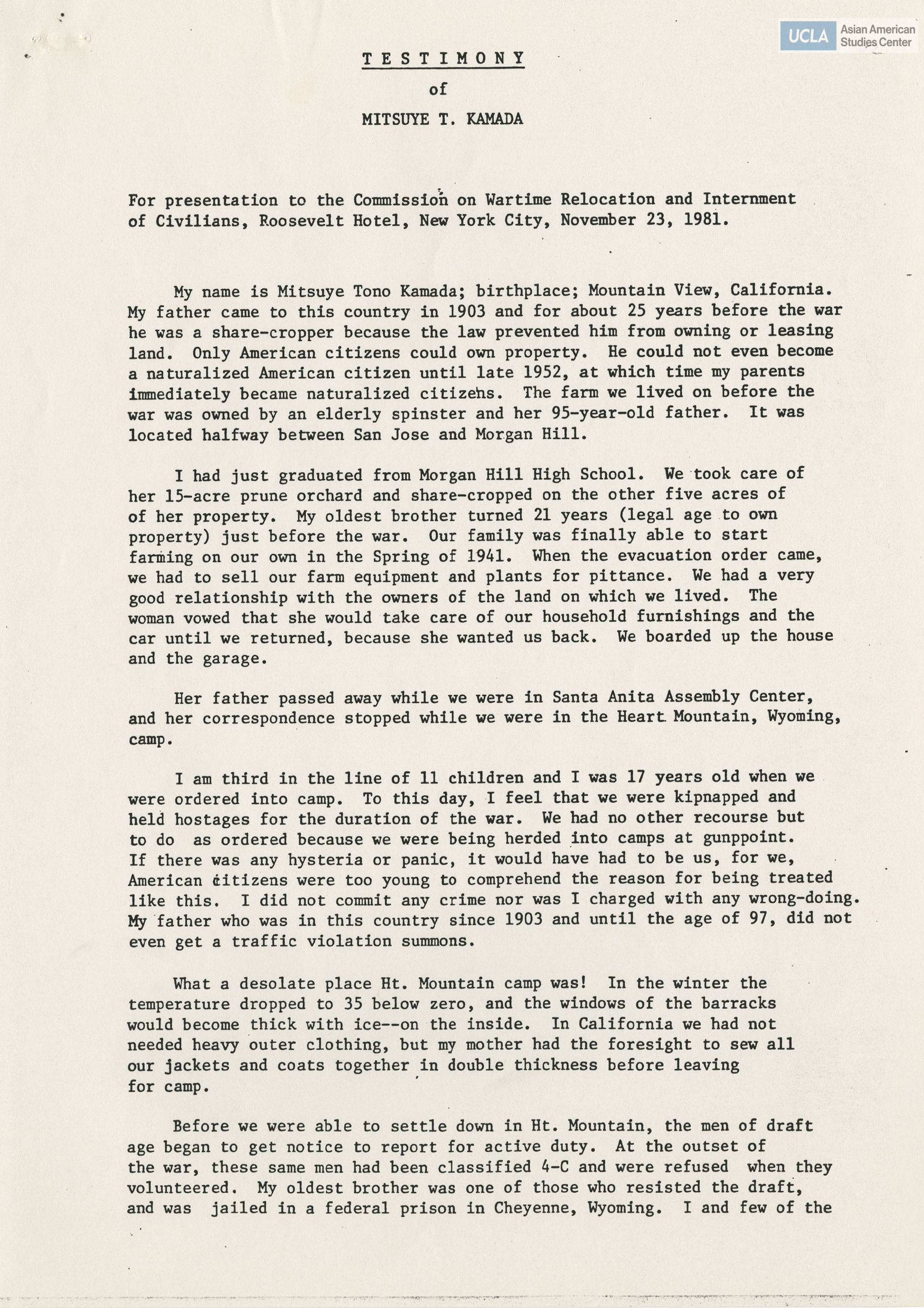 Written testimony from Mitsuye T. Kamada regarding the Commission on Wartime Relocation and Internment of Civilians.