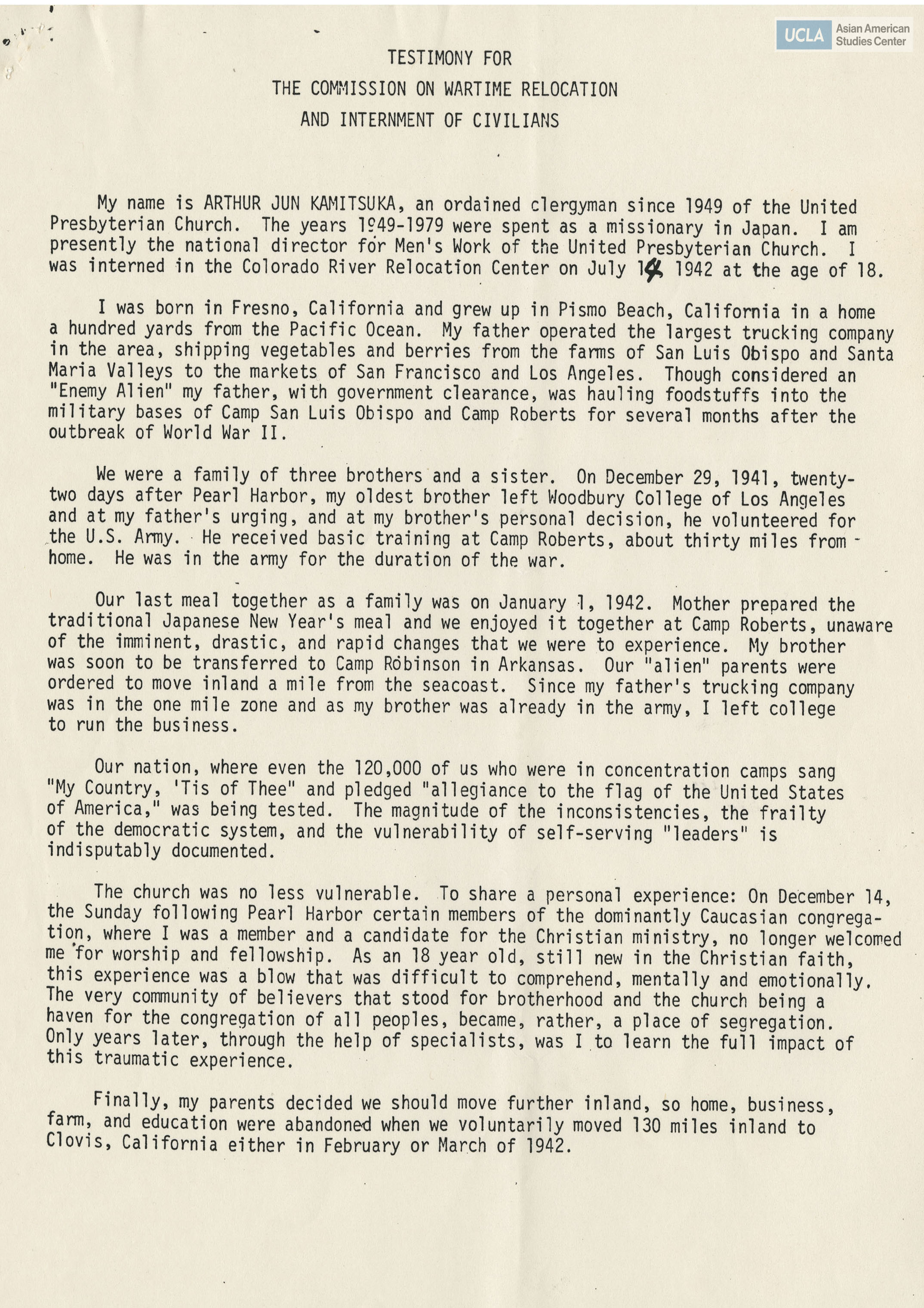 Written testimony from Arthur Jun Kamitsuka regarding the Commission on Wartime Relocation and Internment of Civilians.