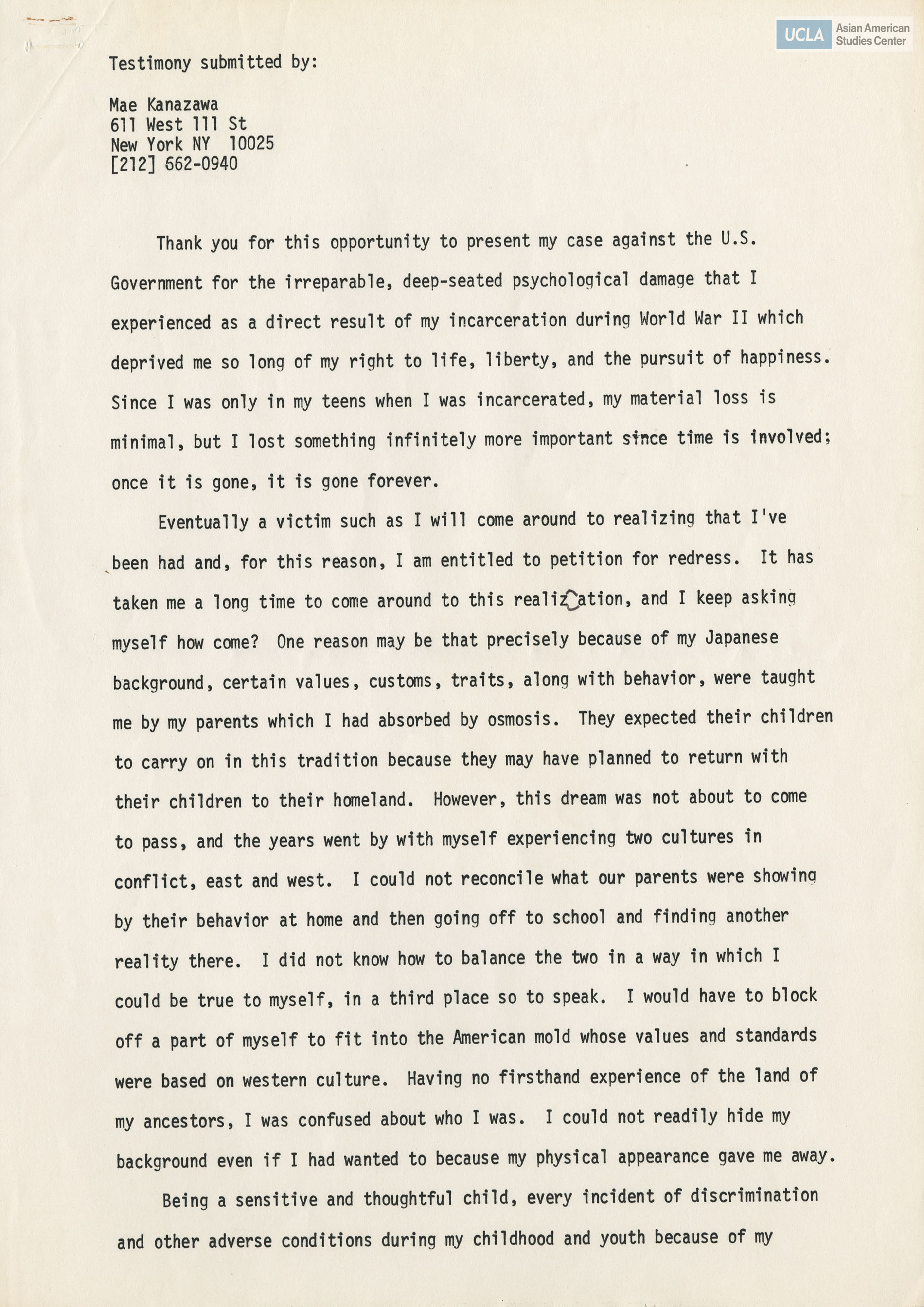 Written testimony from Mae Kanazawa regarding the Commission on Wartime Relocation and Internment of Civilians.