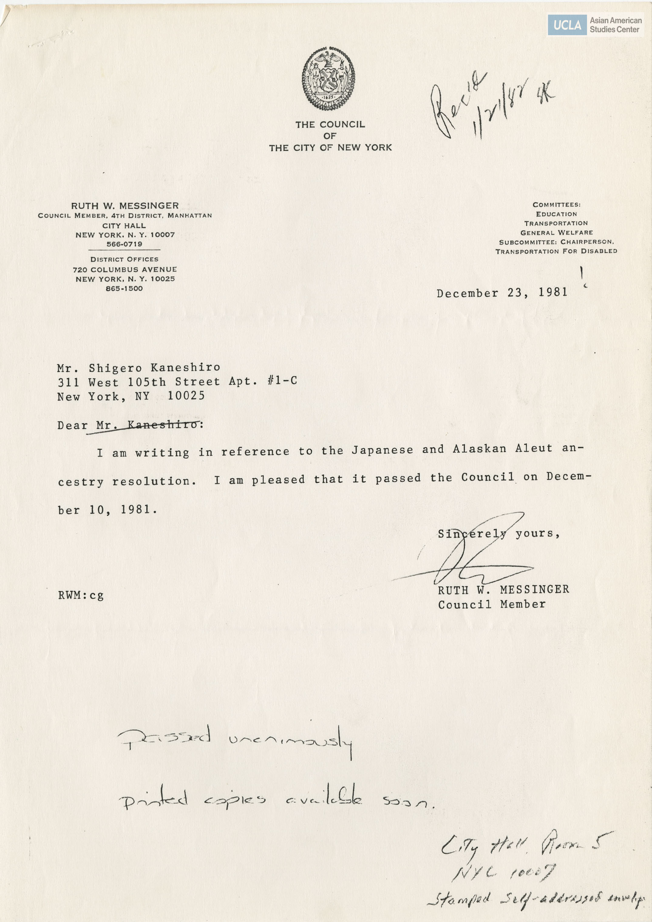 Letter regarding the passing the Japanese and Alaskan Aleut ancestry resolution. Includes document of Commission on Wartime Relocation and Internment of Civilians regarding redress.