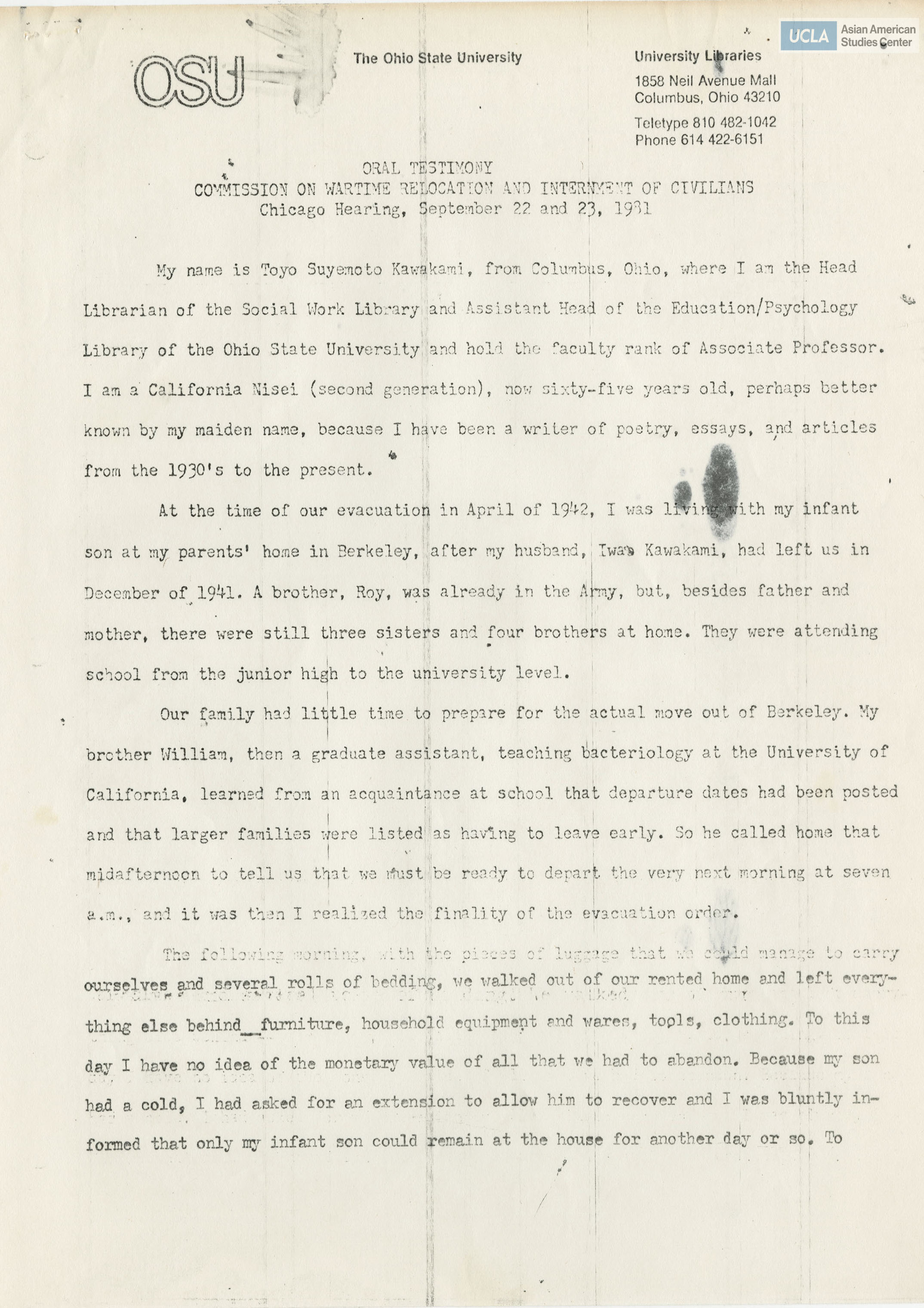 Written testimony from Toyo Suyemoto Kawakami regarding the Commission on Wartime Relocation and Internment of Civilians.
