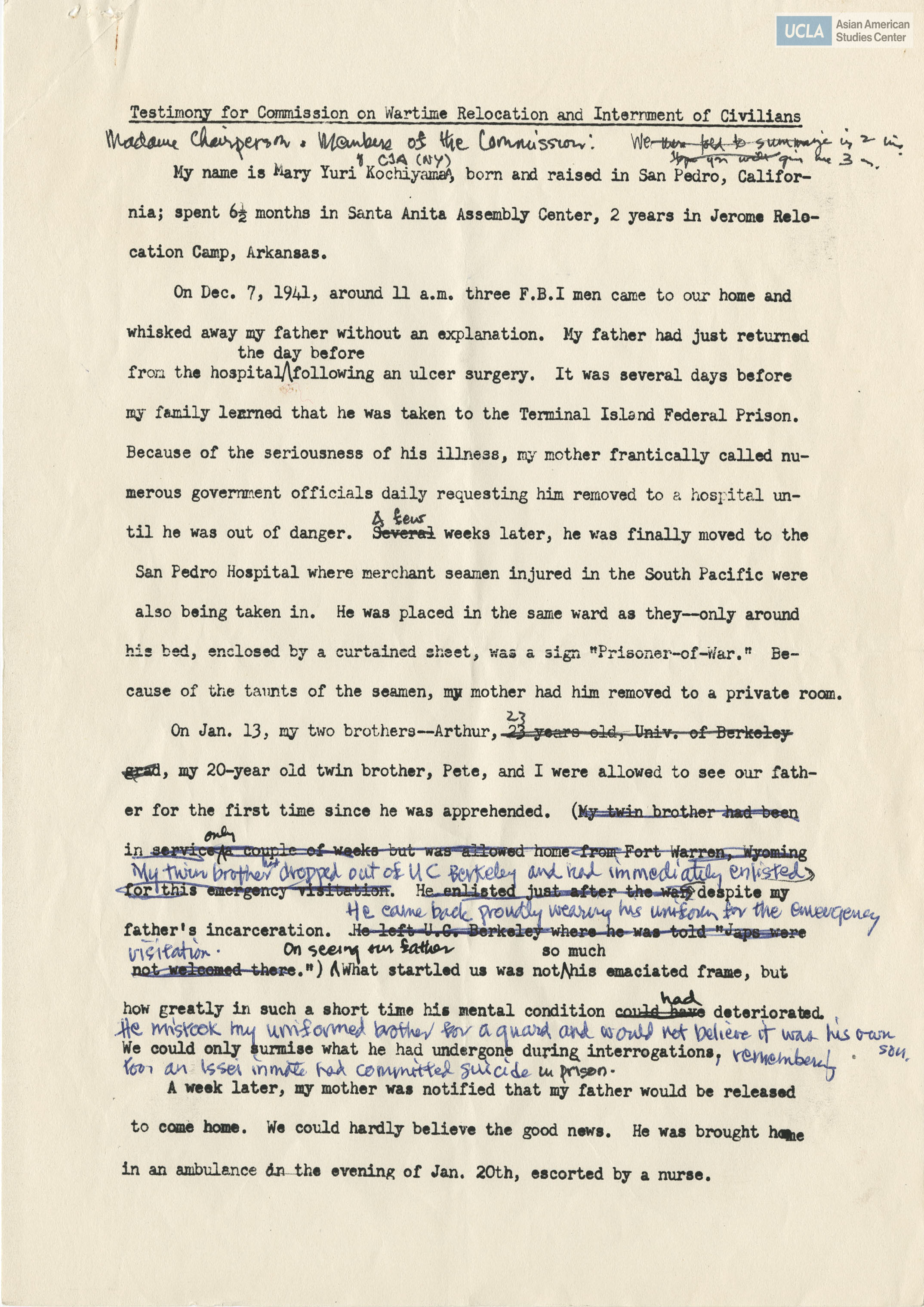 Edited written testimony from Yuri Kochiyama before the Commission on Wartime Relocation and Internment of Civilians.