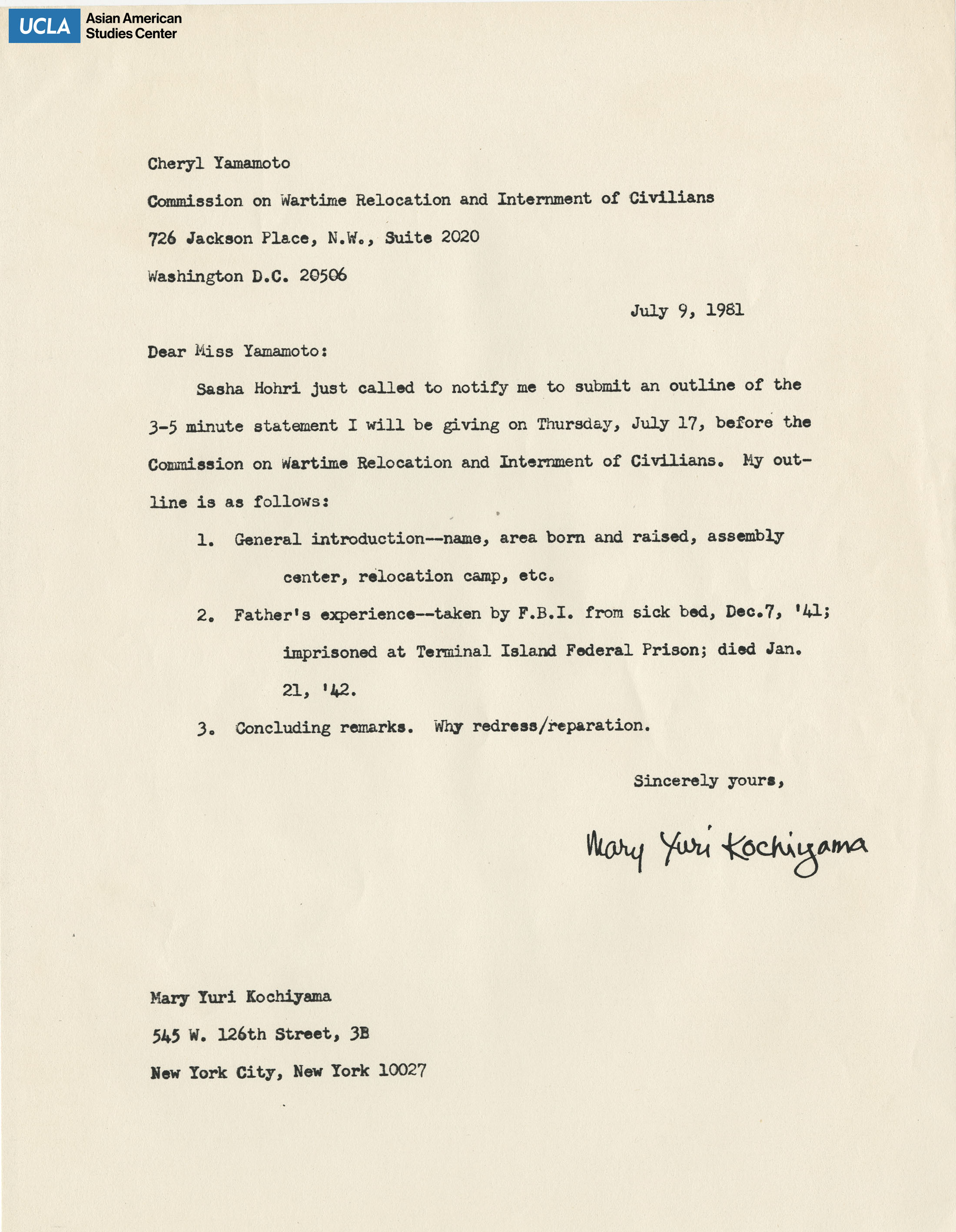 Letter regarding a testimony outline for the Commission on Wartime Relocation and Internment of Civilians.