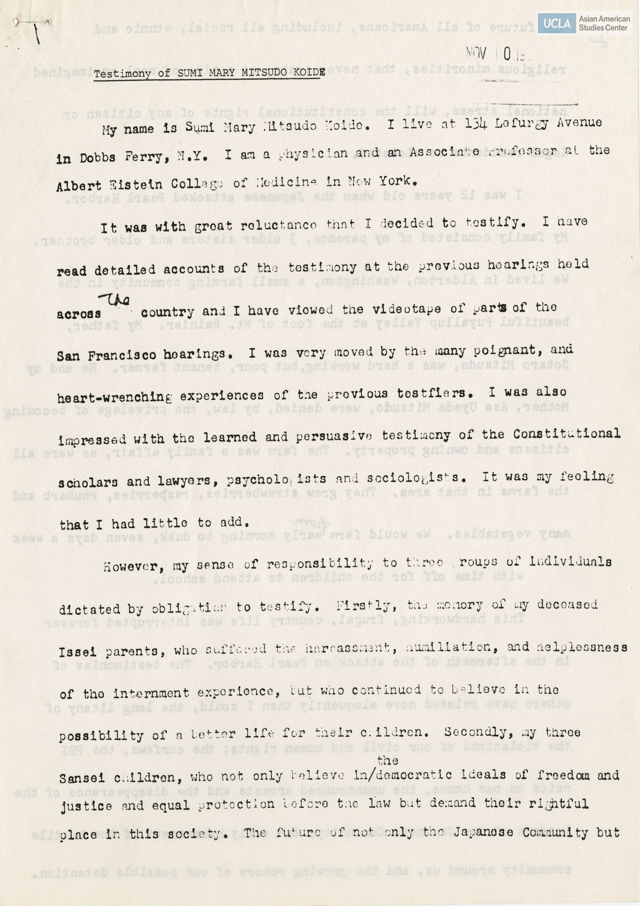 Written testimony from Sumi Mary Mitsudo Koido regarding the Commission on Wartime Relocation and Internment of Civilians.
