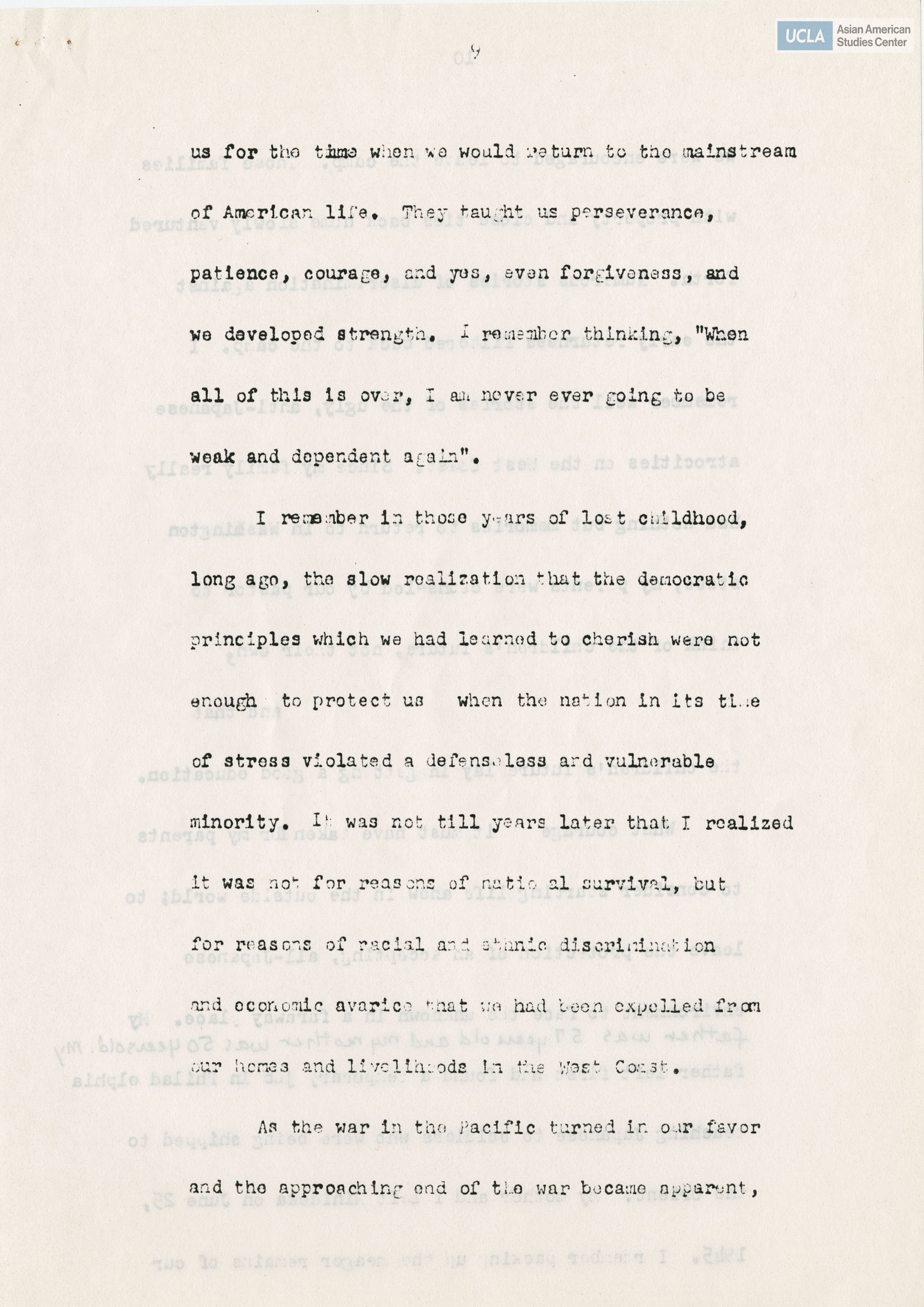 Written testimony from Sumi Mary Mitsudo Koido regarding the Commission on Wartime Relocation and Internment of Civilians.