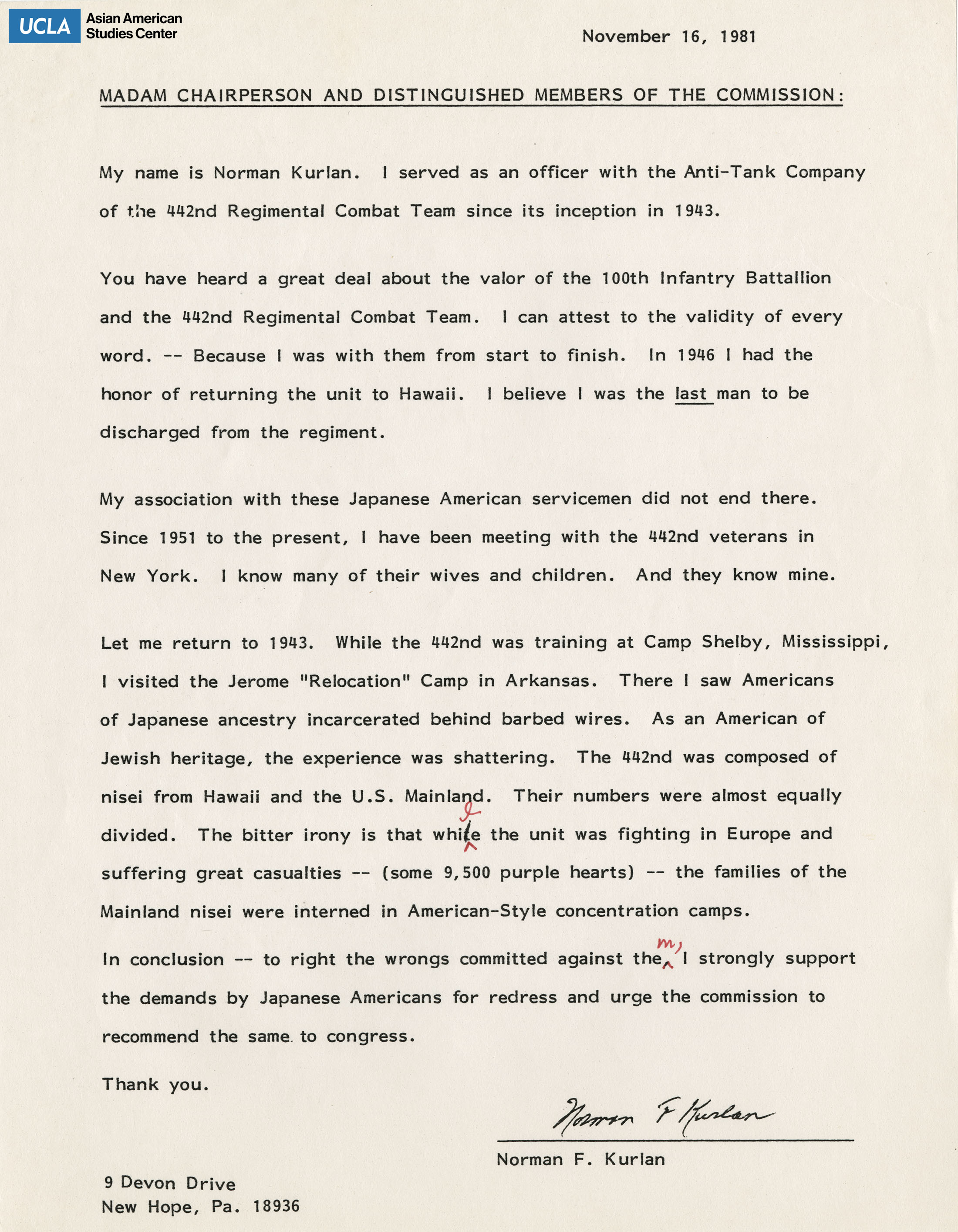 Written testimony from Horman Kurlan regarding the Commission on Wartime Relocation and Internement of Civilians.