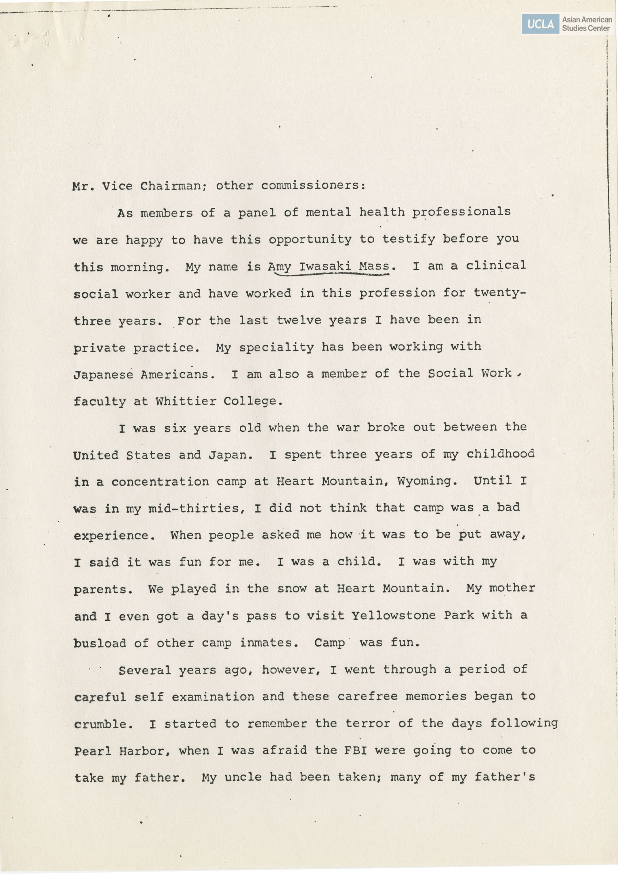 Written testimony from Amy Iwasaki Mass, representing mental health professionals, regarding the Commission on Wartime Relocation and Internment of Civilians.