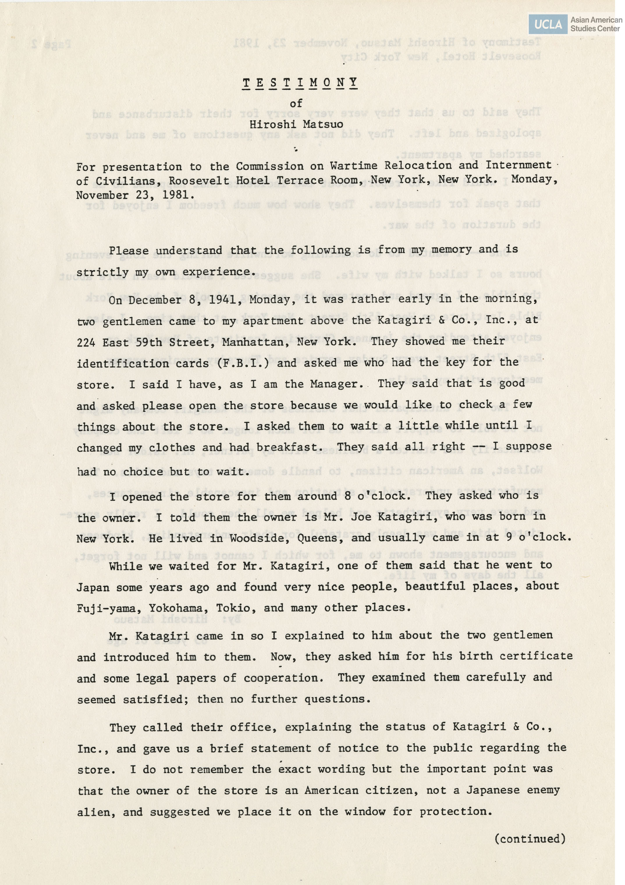 Written testimony from Hiroshi Matsuo regarding the Commission on Wartime Relocation and Internment of Civilians.