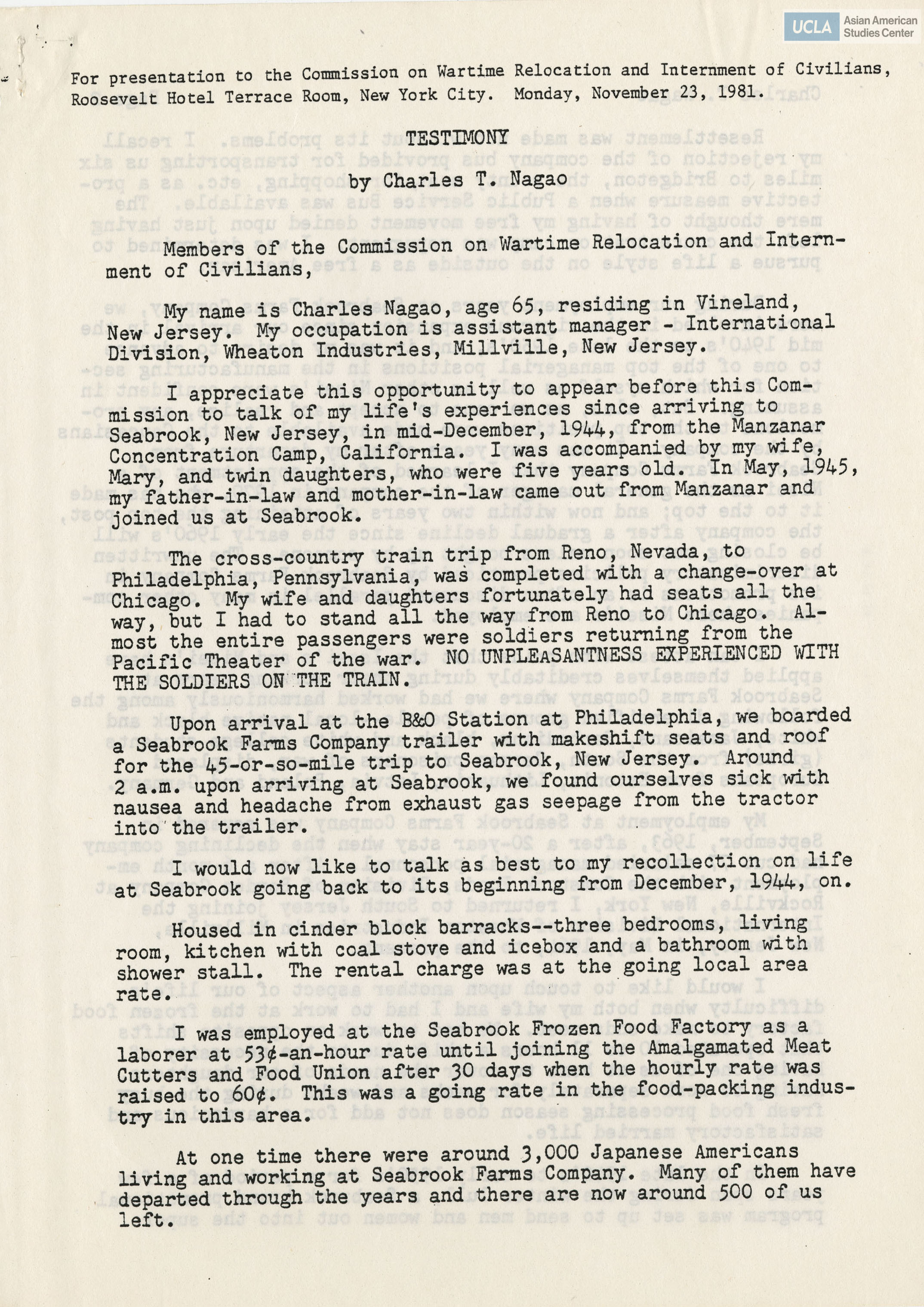Written testimony from Charles T. Nagao regarding the Commission on Wartime Relocation and Internment of Civilians.