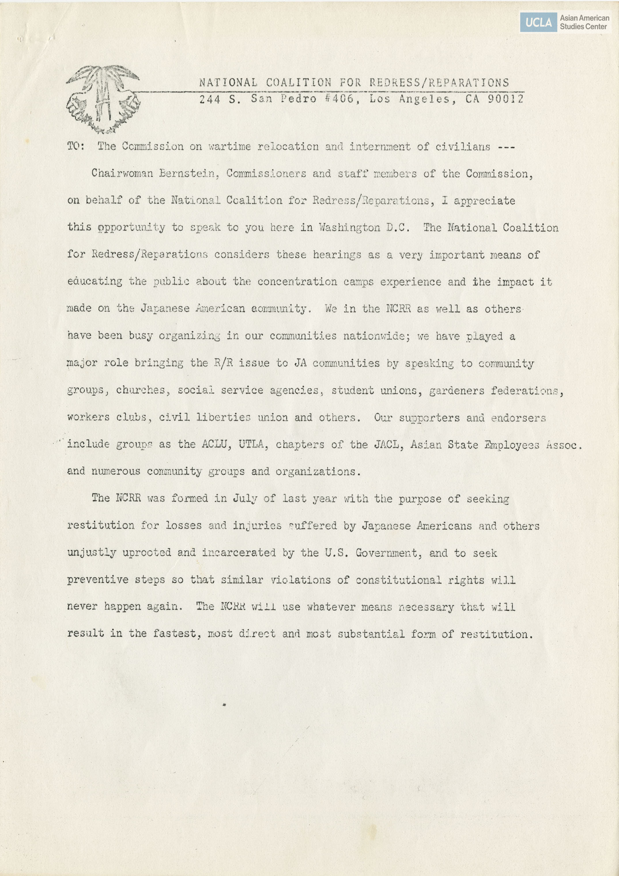Written testimony from the National Coalition for Redress/Reparations regarding the Commission on Wartime Relocation and Internment of Civilians.