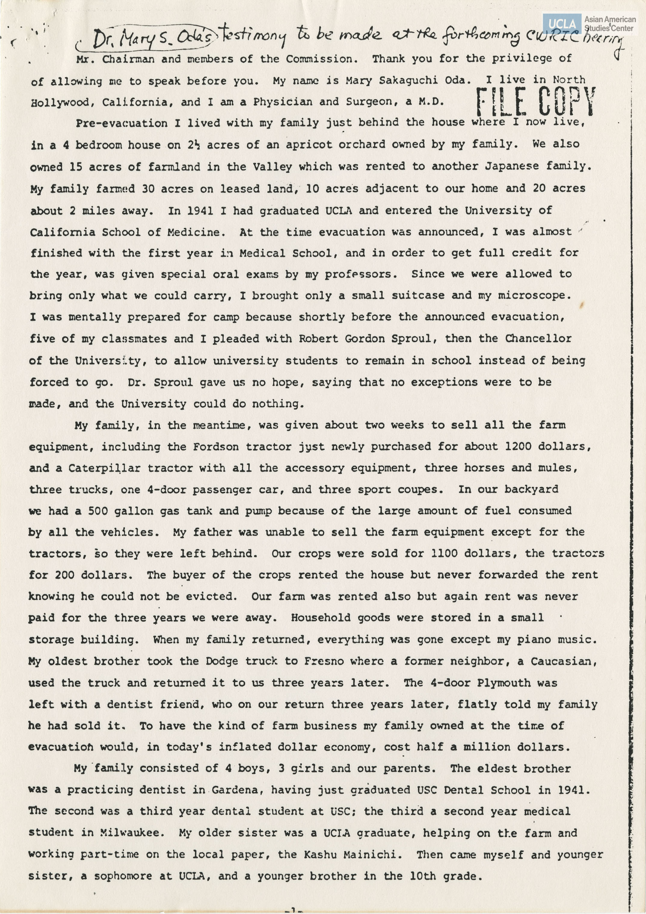 Written testimony from Mary Sakaguchi Oda regarding the Commission on Wartime Relocation and Internment of Civilians.