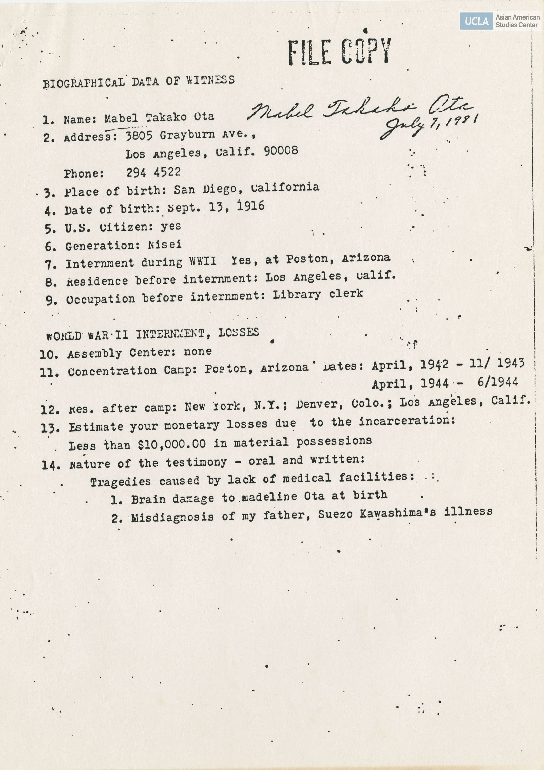 Written testimony from Mabel Takako Ota regarding the Commission on Wartime Relocation and Internment of Civilians.