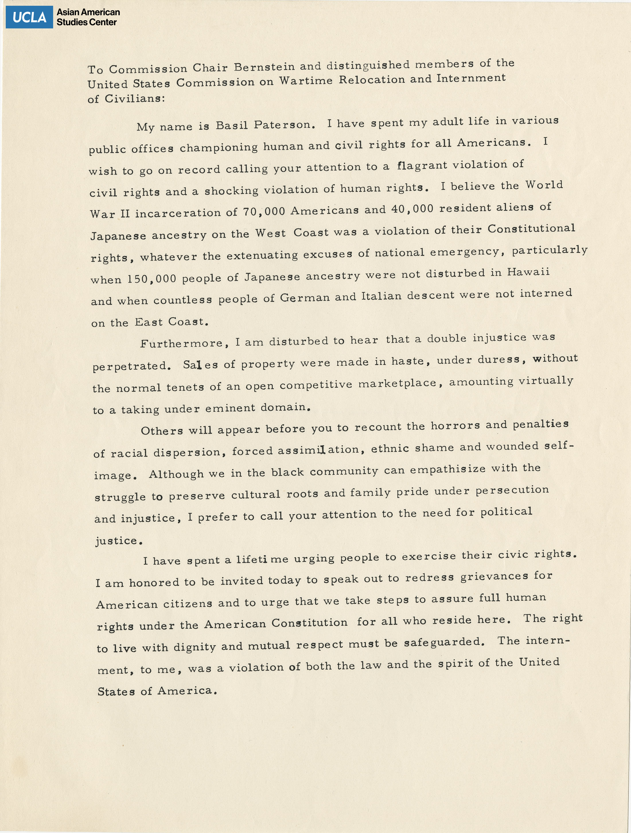 Written testimony from Basil Paterson regarding the Commission on Wartime Relocation and Internment of Civilians.