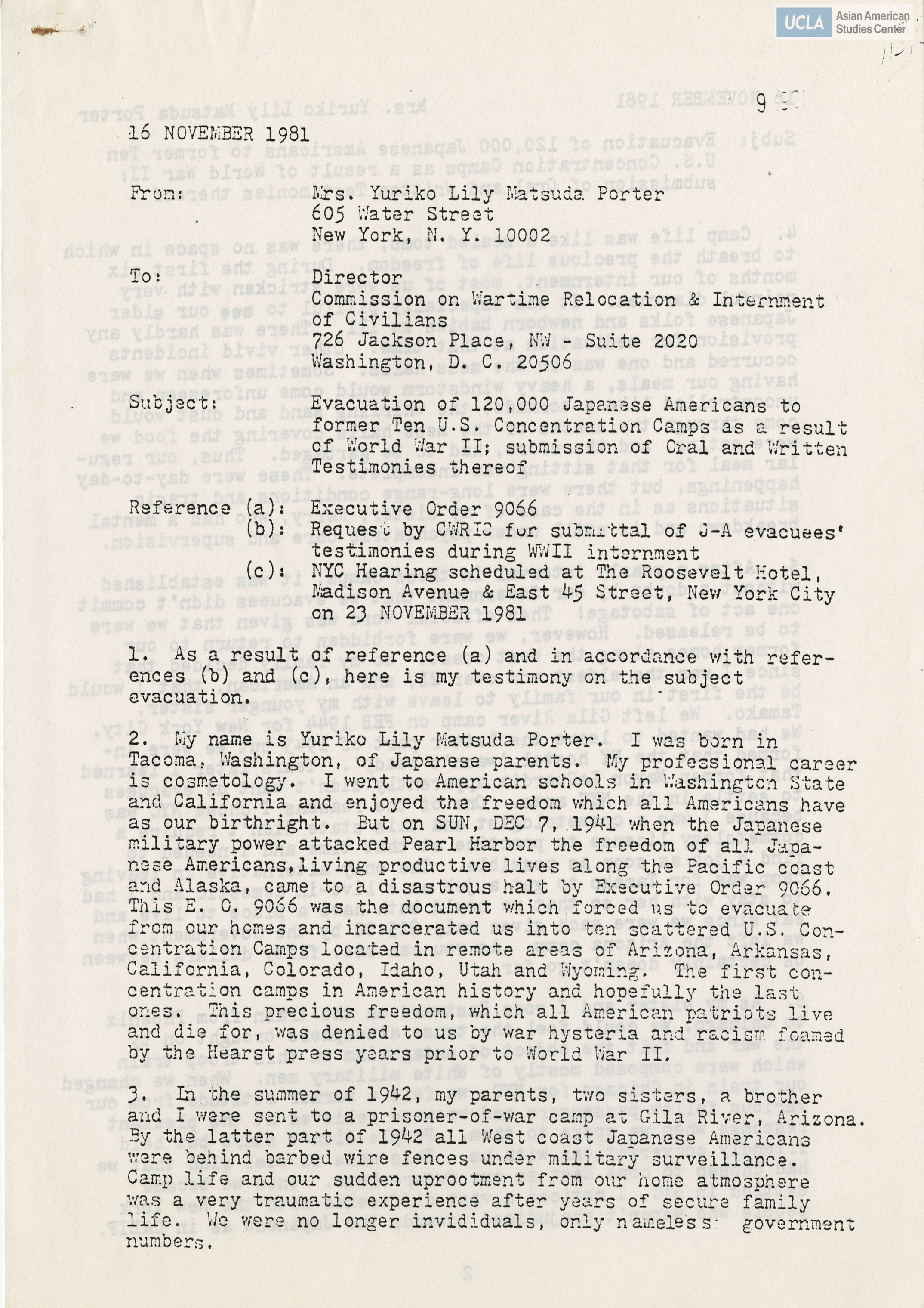 Written testimony from Yuriko Lily Matsuda Porter regarding the Commission on Wartime Relocation and Internment of Civilians.