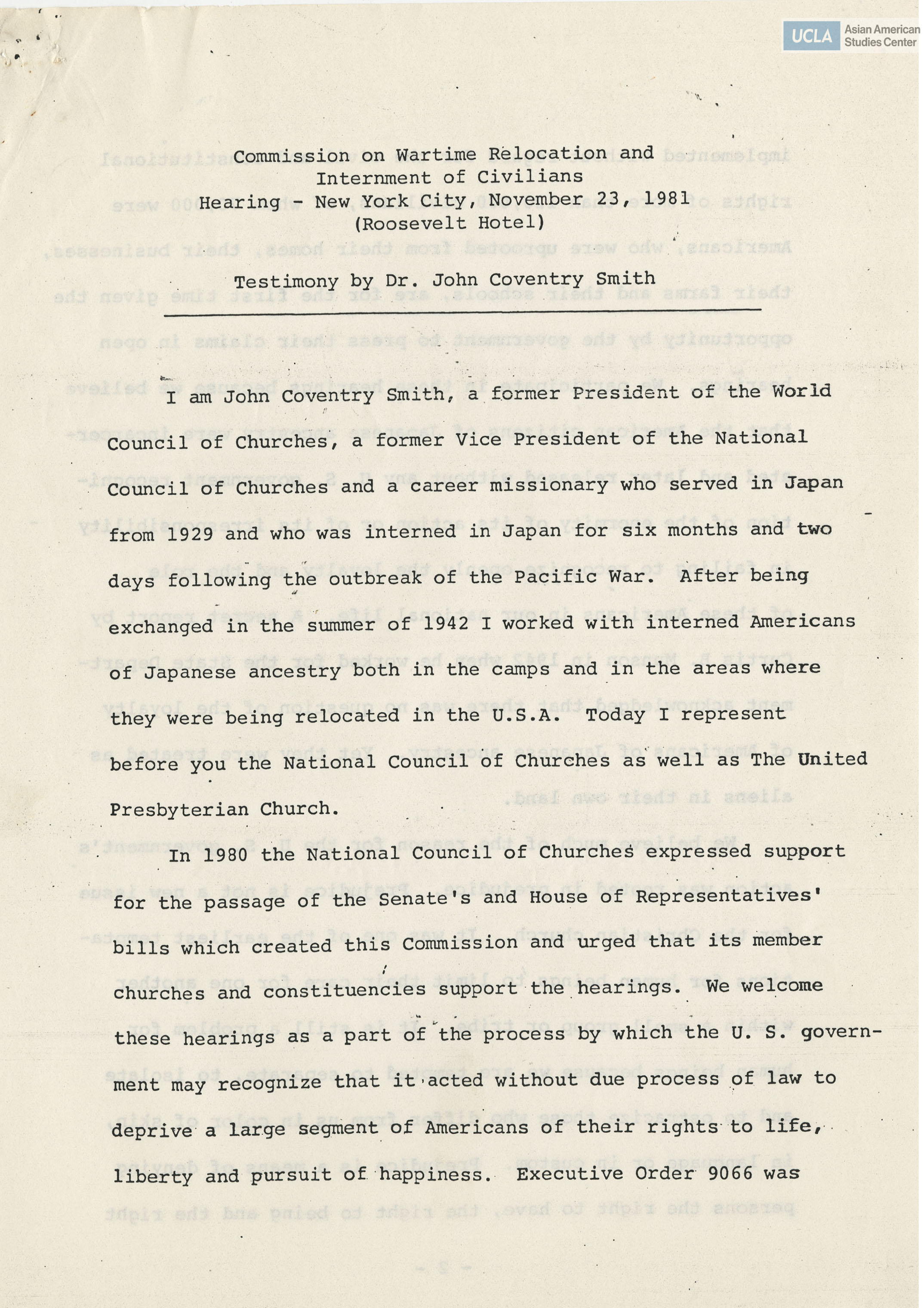 Written testimony from John Coventry Smith regarding the Commission on Wartime Relocation and Internment of Civilians.