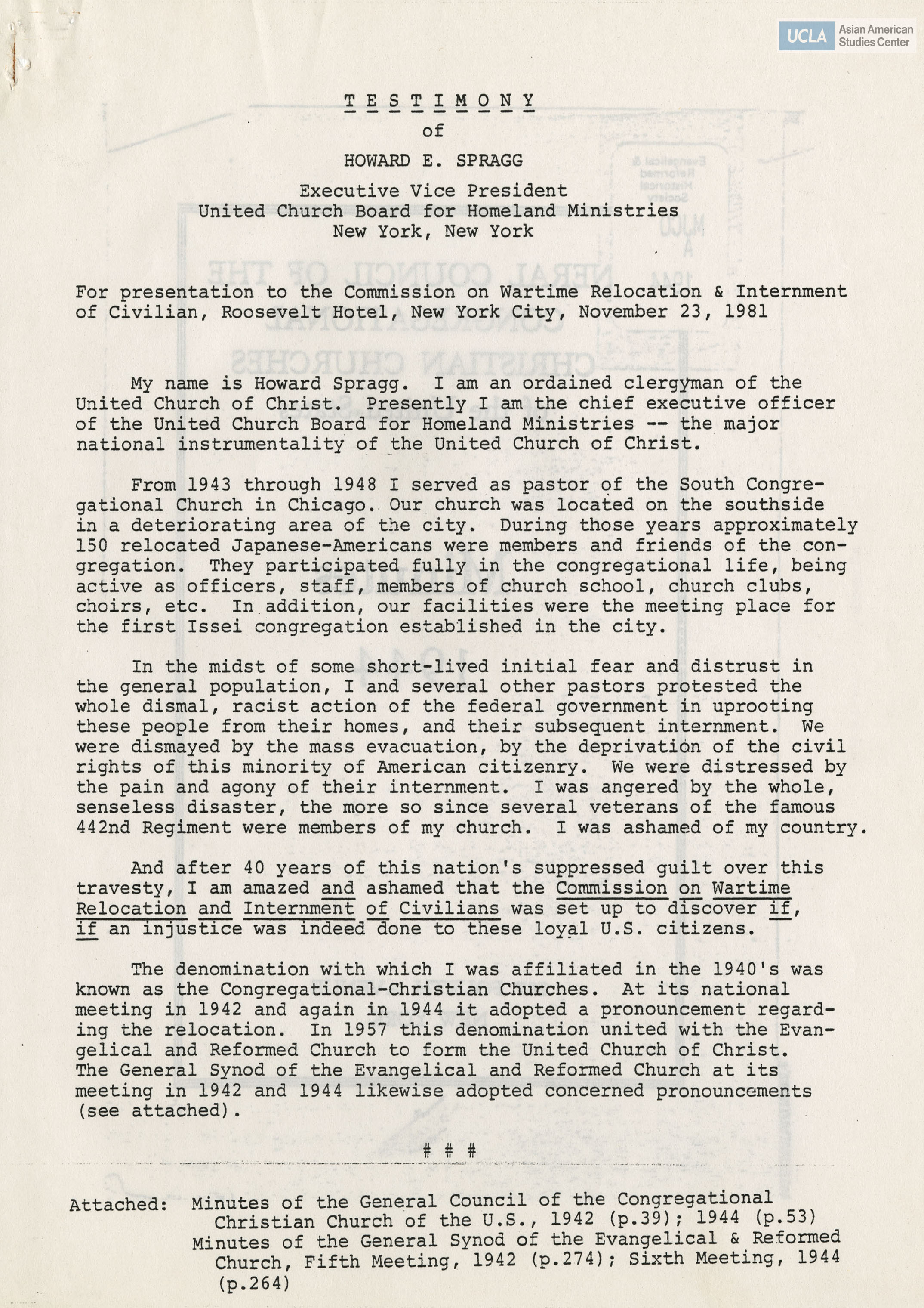 Written testimony from Howard E. Spragg regarding the Commission on Wartime Relocation and Internment of Civilians.