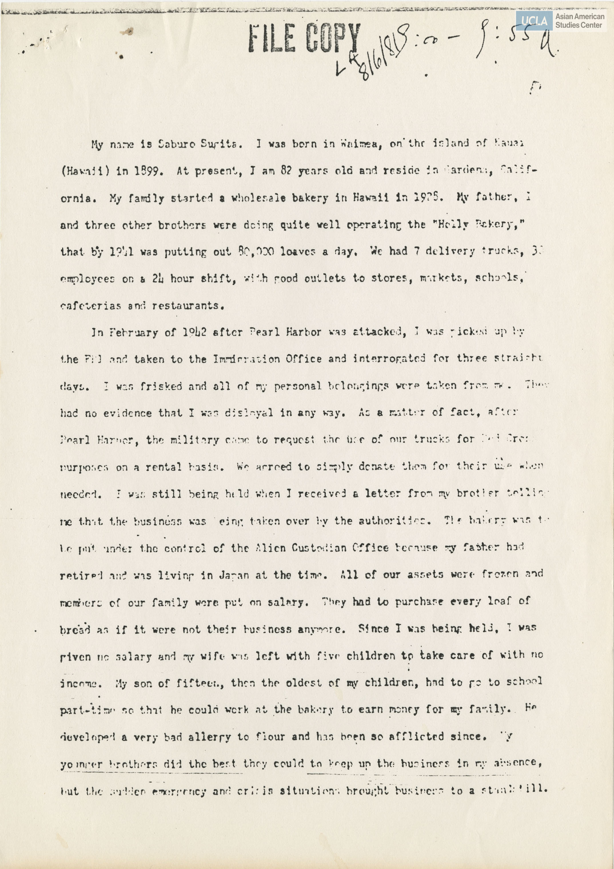 Written testimony from Saburo Surits regarding the Commission on Wartime Relocation and Internment of Civilians.