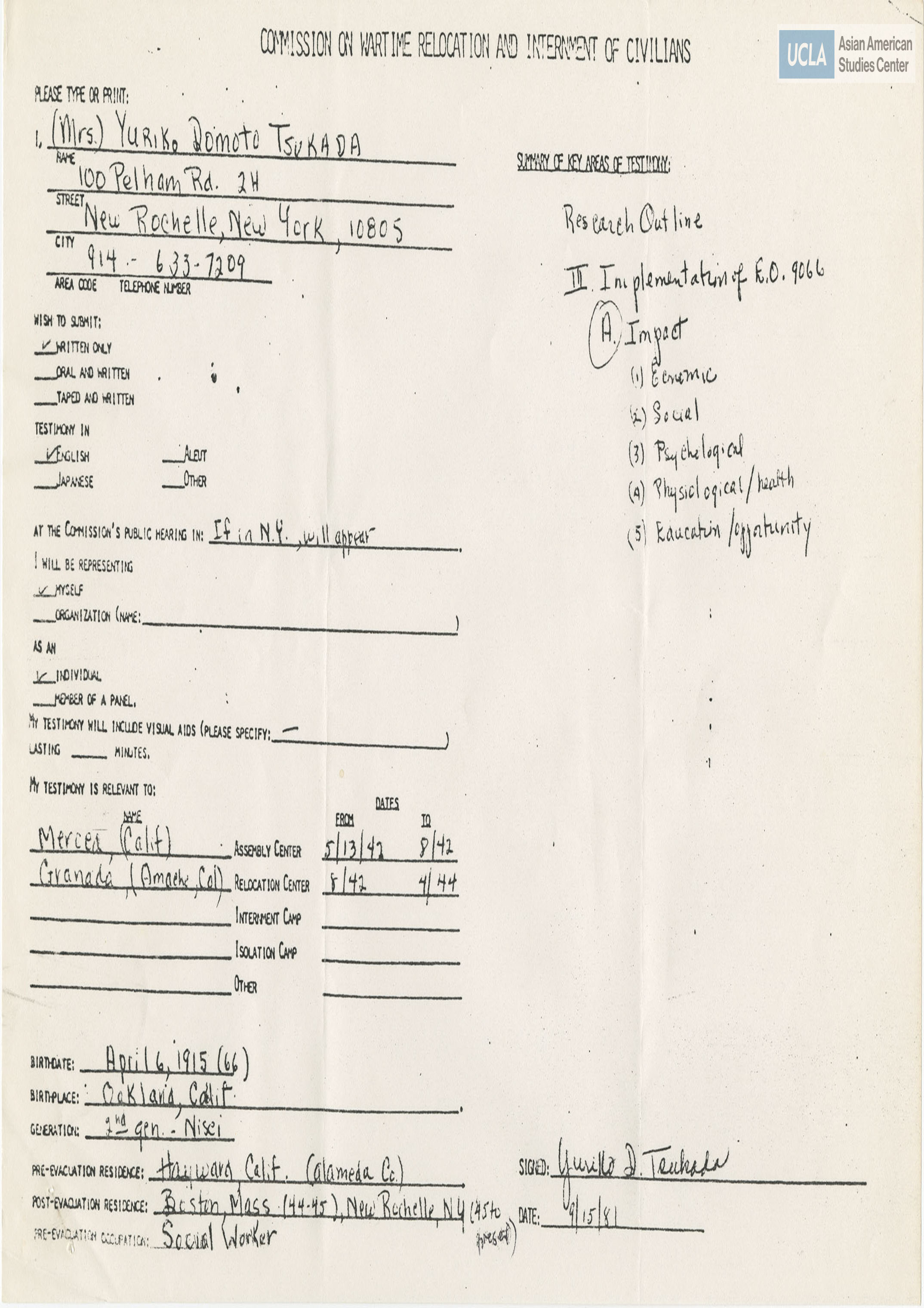 Written testimony from Yuriko Domoto Tsukada regarding the Commission on Wartime Relocation and Internment of Civilians.