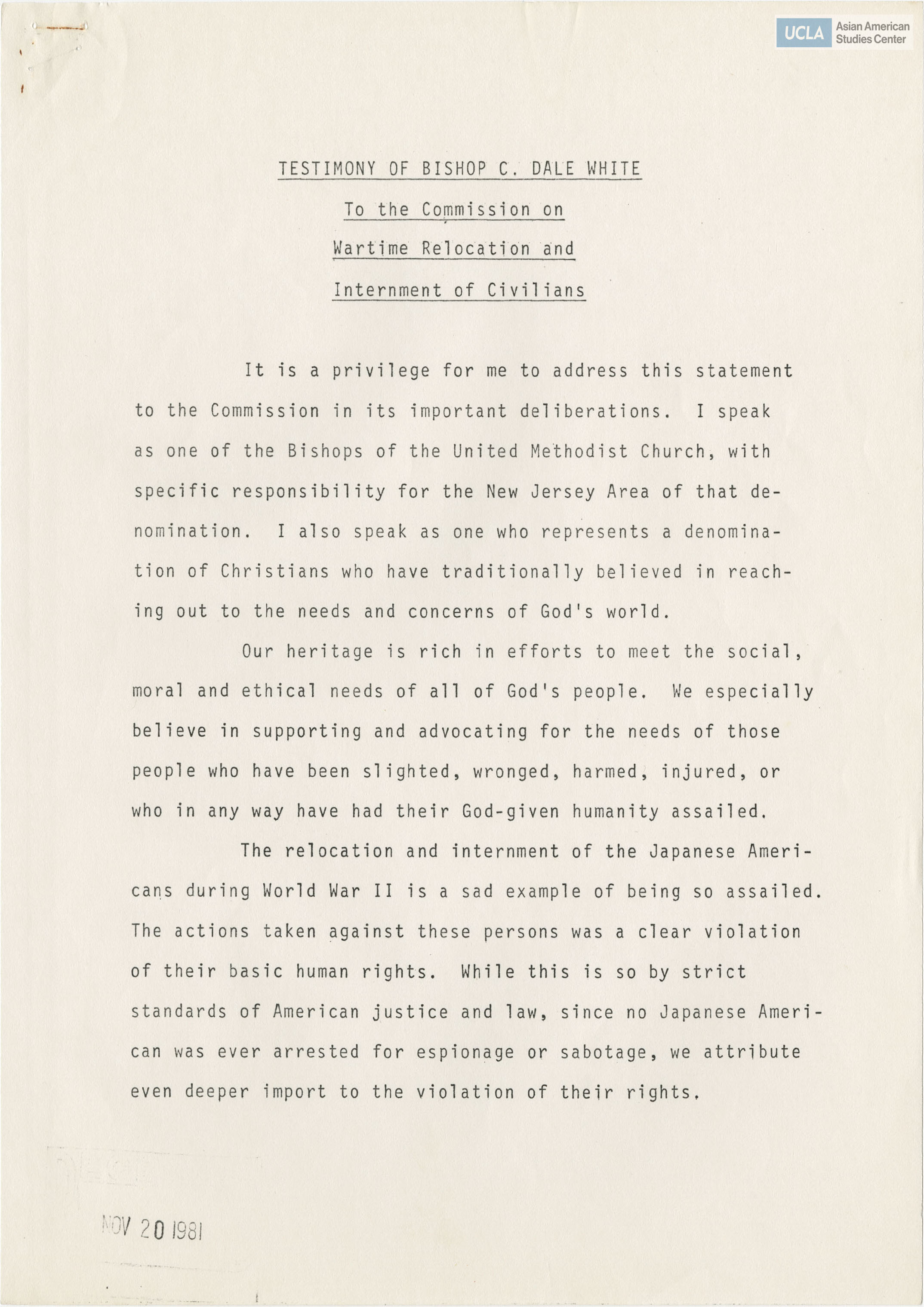 Written testimony from Bishop C. Dale White regarding the Commission on Wartime Relocation and Internment of Civilians.
