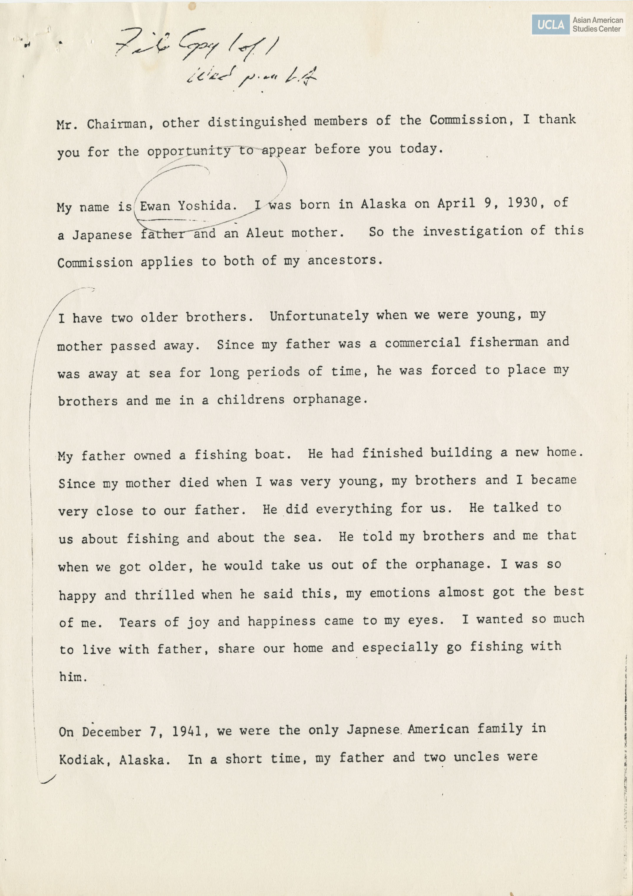 Written testimony from Ewan Yoshida regarding the Commission on Wartime Relocation and Internment of Civilians.