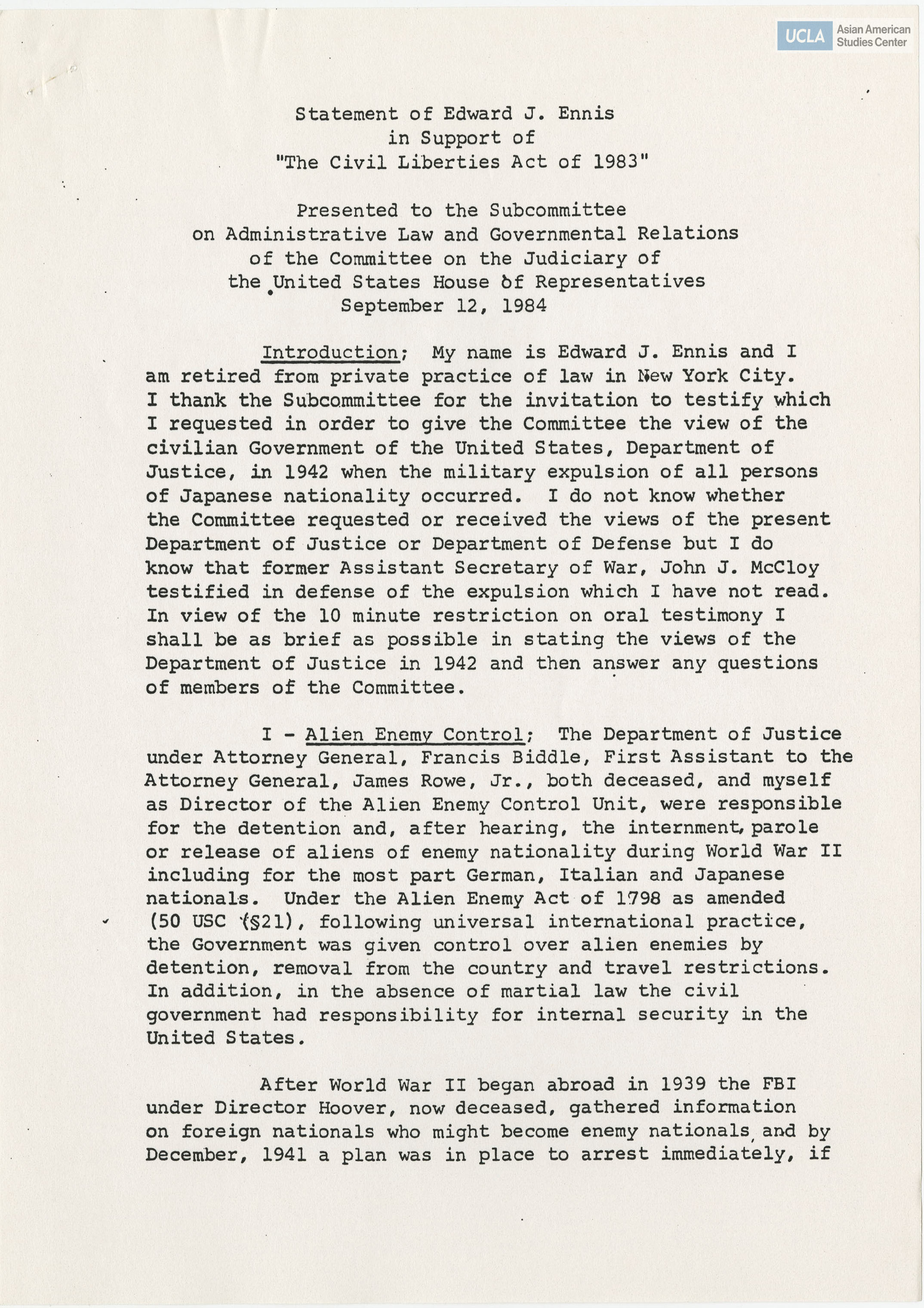 Written testimony from Edward J. Ennis regarding the Commission on Wartime Relocation and Internment of Civilians.