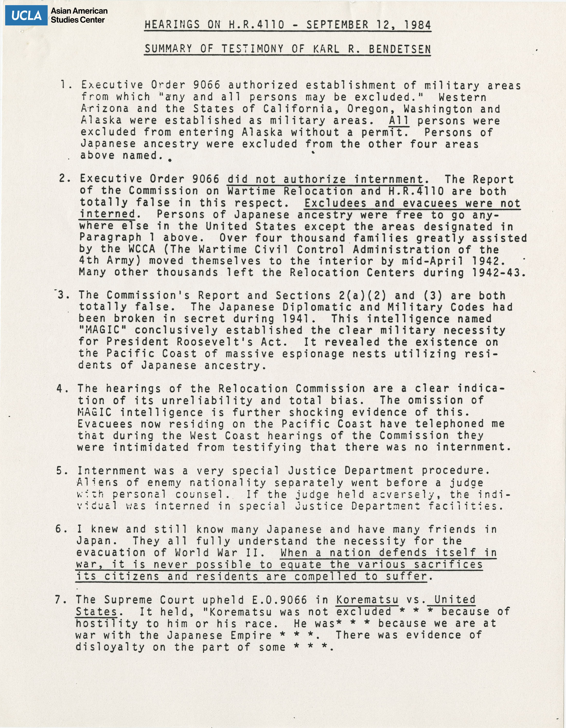 Summary of written testimony from Karl R. Bendetsen.