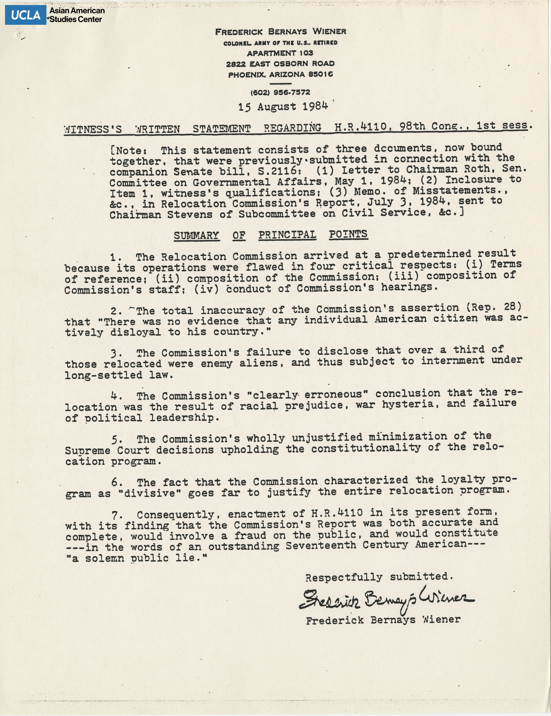 Summary of written testimony from Frederick Bernays Wiener.