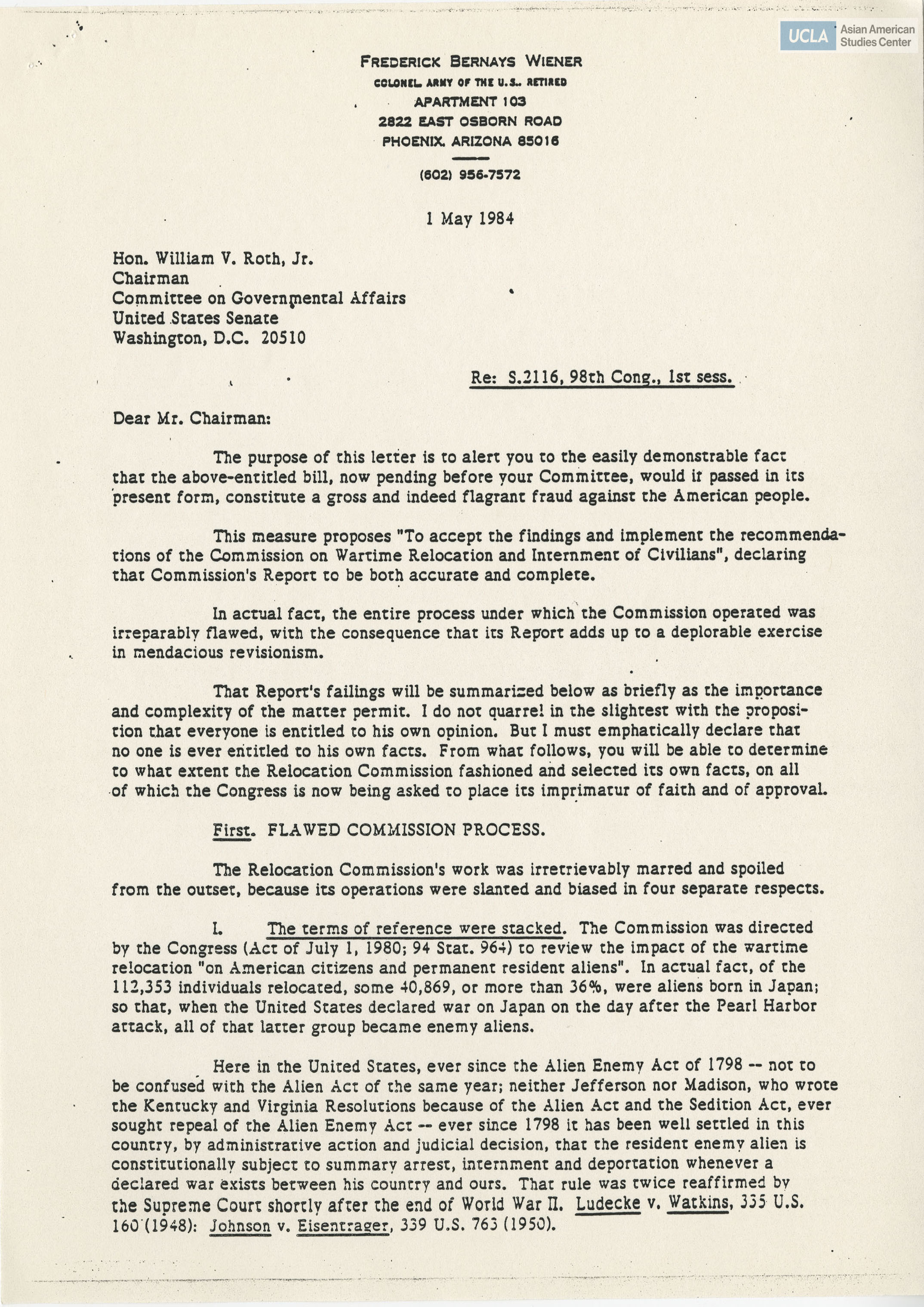 Written testimony from Frederick Bernays Wiener regarding the Commission on Wartime Relocation and Internment of Civilians. Includes resume of qualifications.