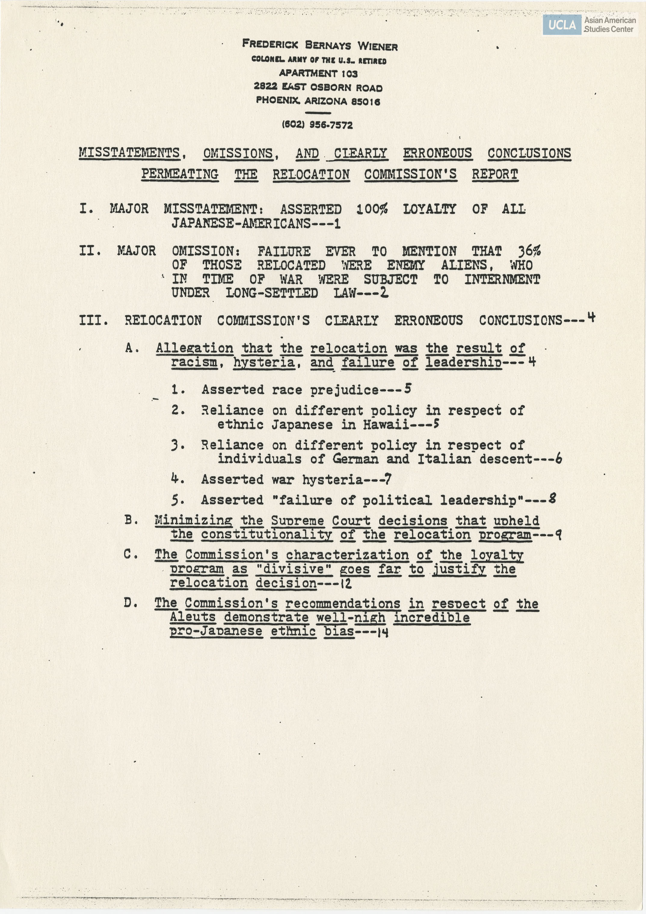 Written testimony from Frederick Bernays Wiener regarding the Commission on Wartime Relocation and Internment of Civilians.