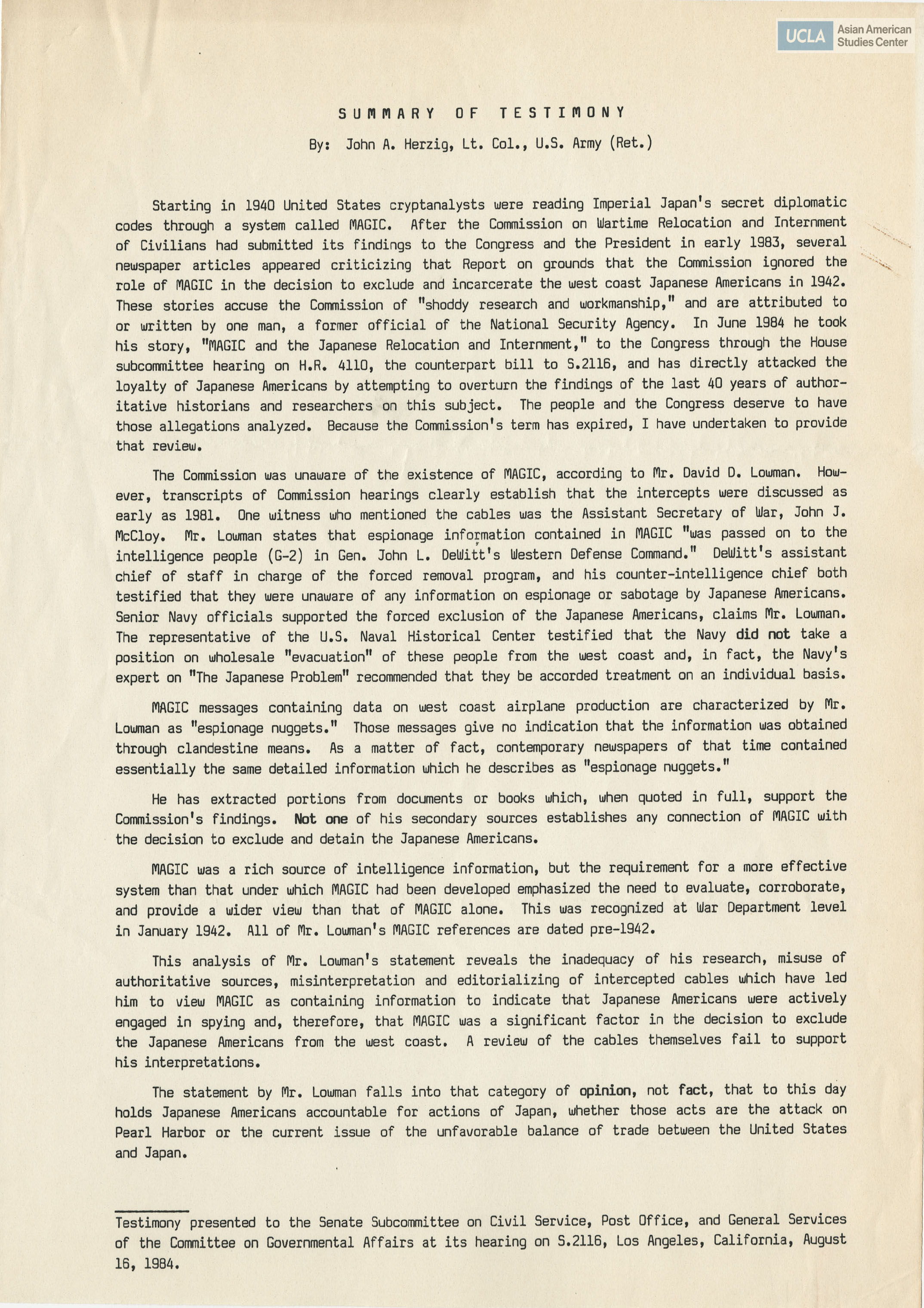 Summary of written testimony from John A. Herzig regarding the Commission on Wartime Relocation and Internment of Civilians.