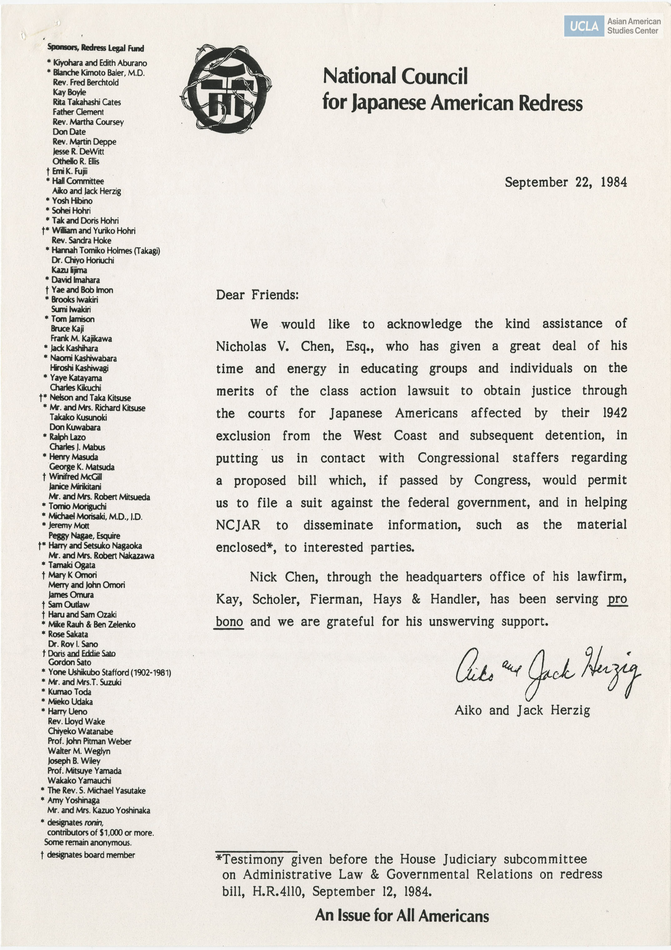 Written testimony from John A. Herzig, Lieutenant Colonel of U.S. Army regarding the Commission on Wartime Relocation and Internment of Civilians.