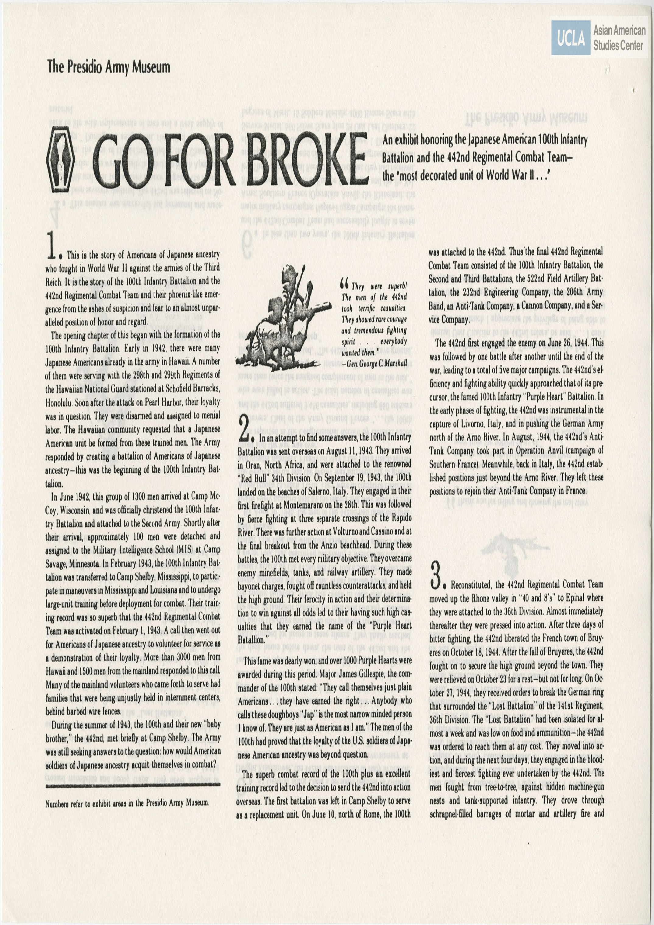 Go for Broke exhibit fact sheet for the Pesidio Army Museum in San Francisco, California.