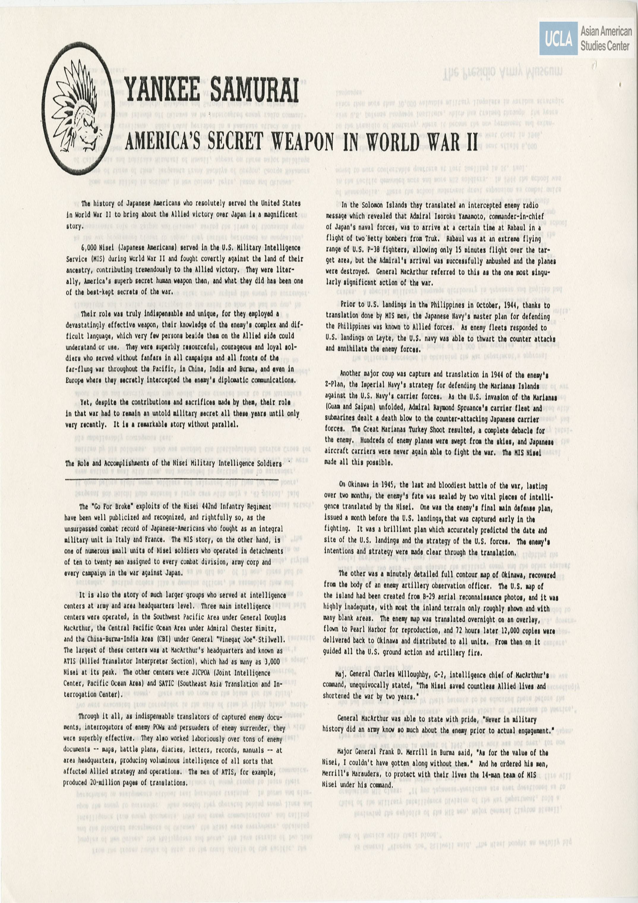 Go for Broke exhibit fact sheet for the Pesidio Army Museum in San Francisco, California.