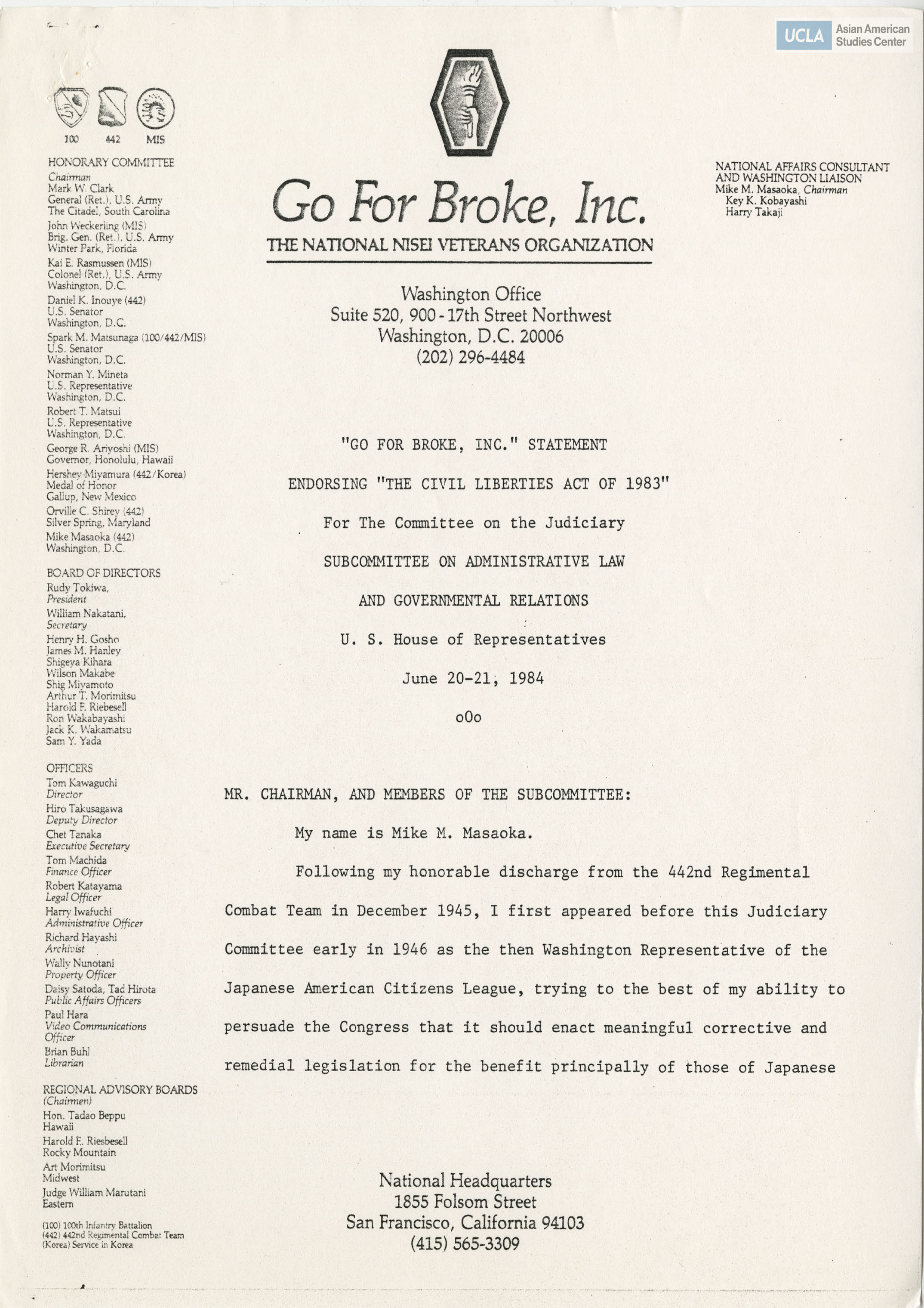 Statement from Go for Broke, Inc for the endorsement of the Civil Liberties Act of 1983.
