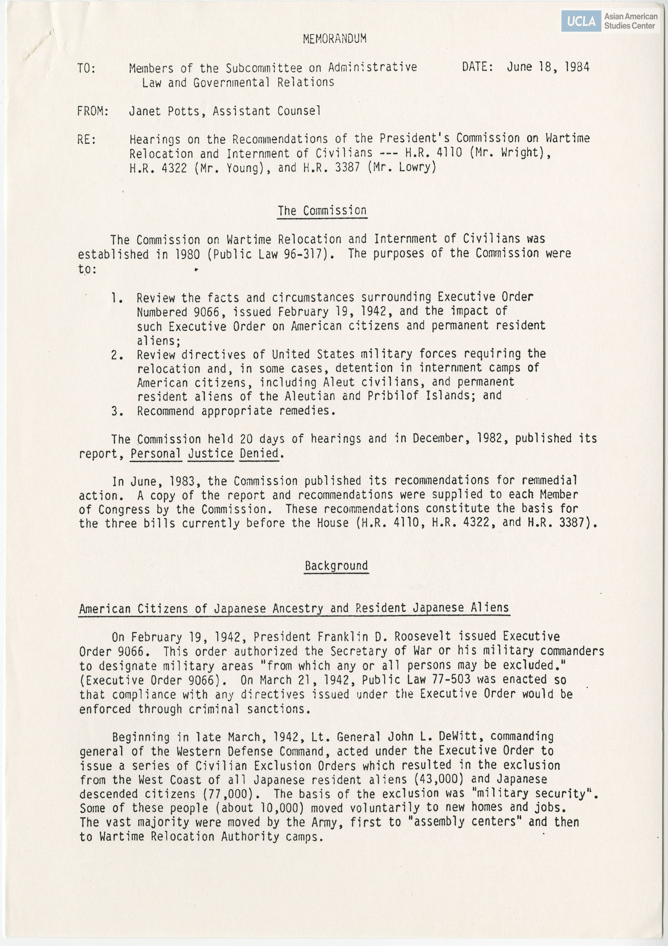 Memorandum regarding the recommendations for 