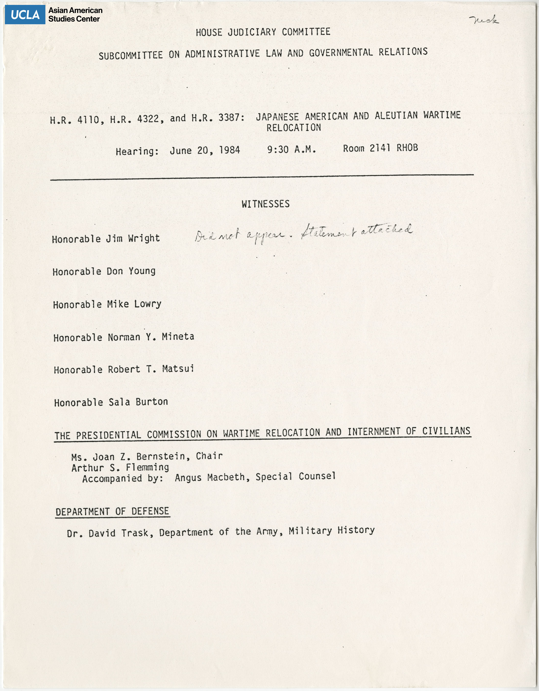 List of witnesses for the Commission on Wartime Relocation and Internment of Civilians.
