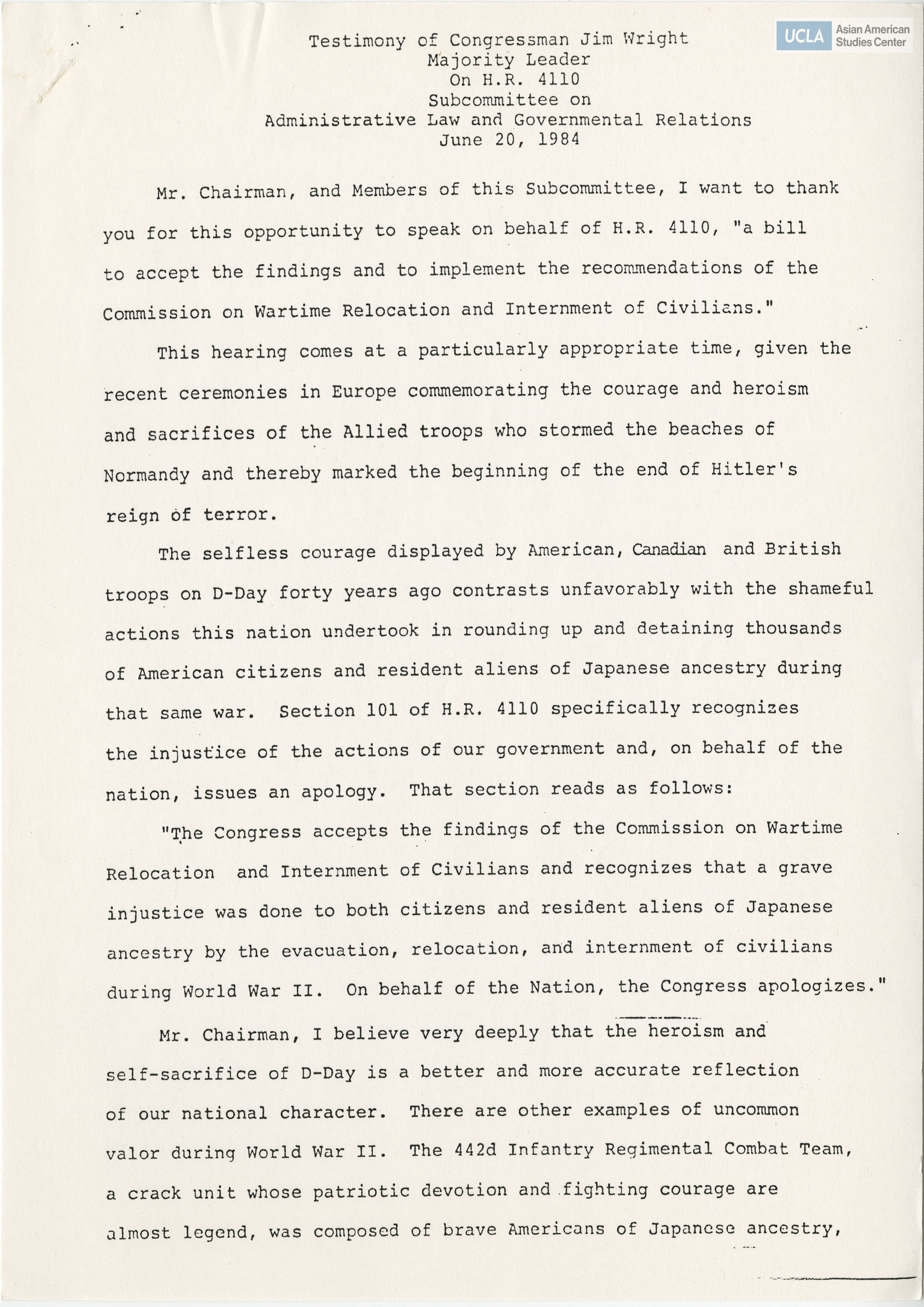 Written testimony of Congressman Jim Wright in support of bill H.R. 4110.