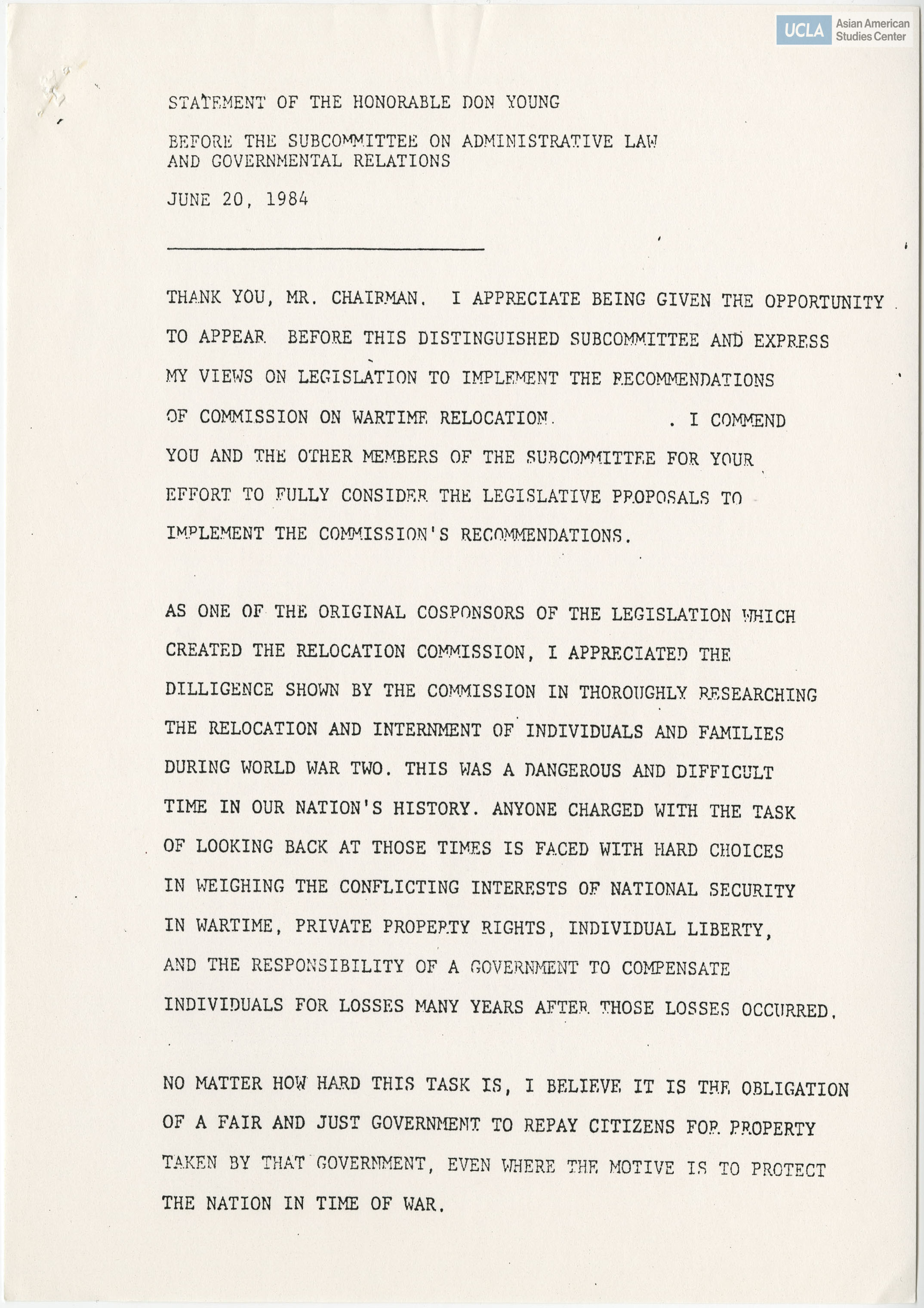 Written testimony of Honorable Don Young in support of bill H.R. 4110.