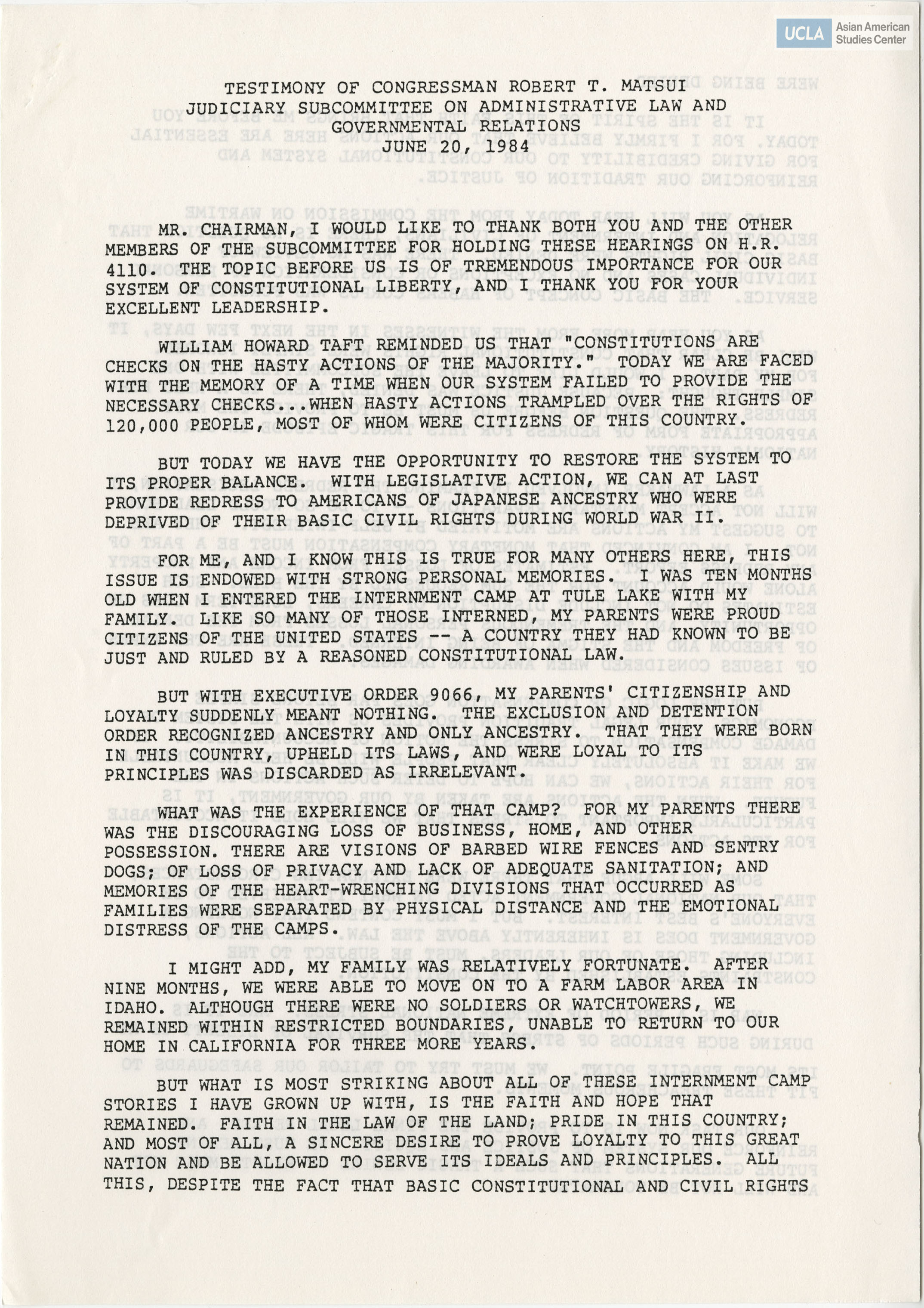 Written testimony of  Robert T. Matsui in support of bill H.R. 4110.