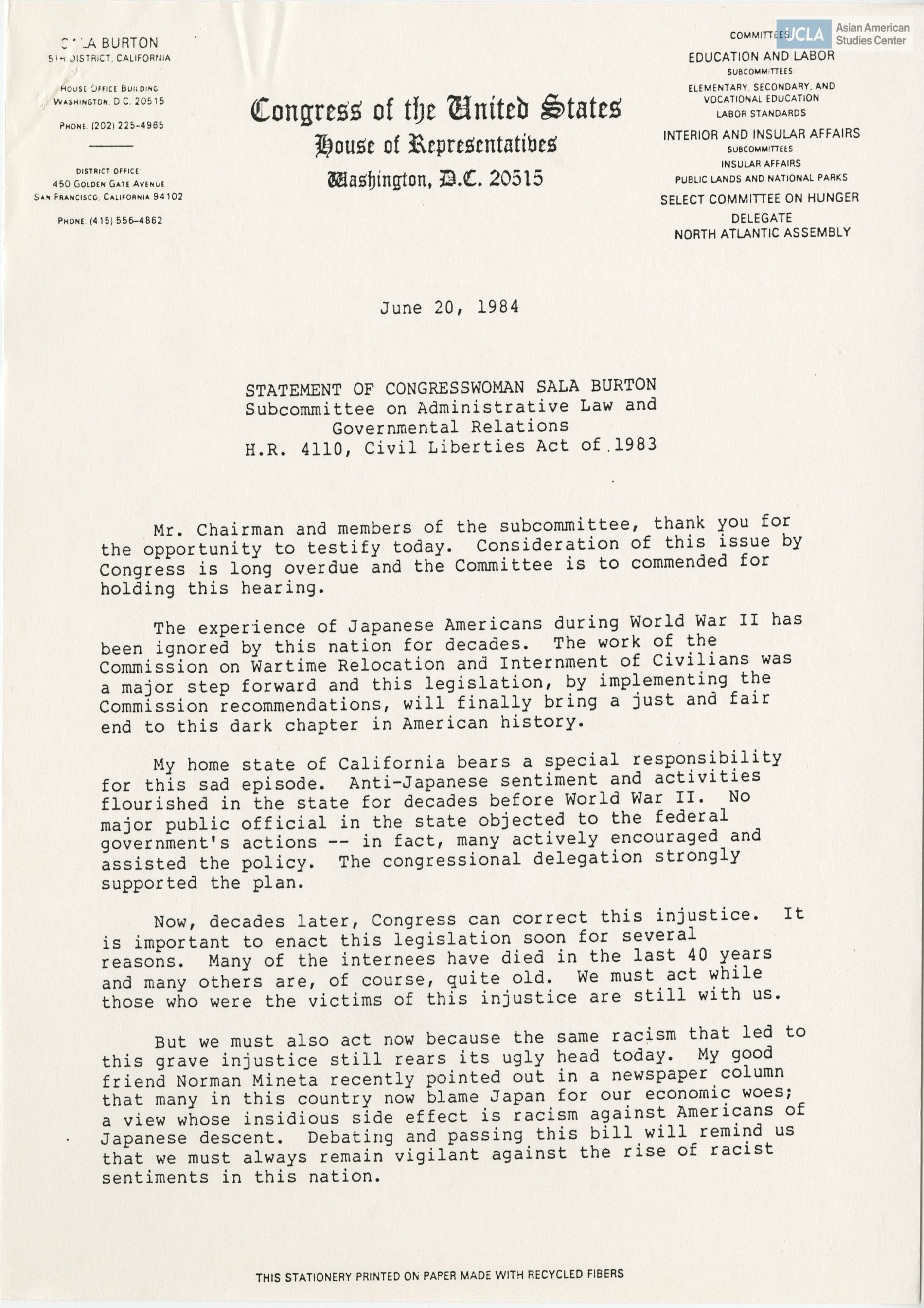Written testimony of Sala Burton in support of bill H.R. 4110.