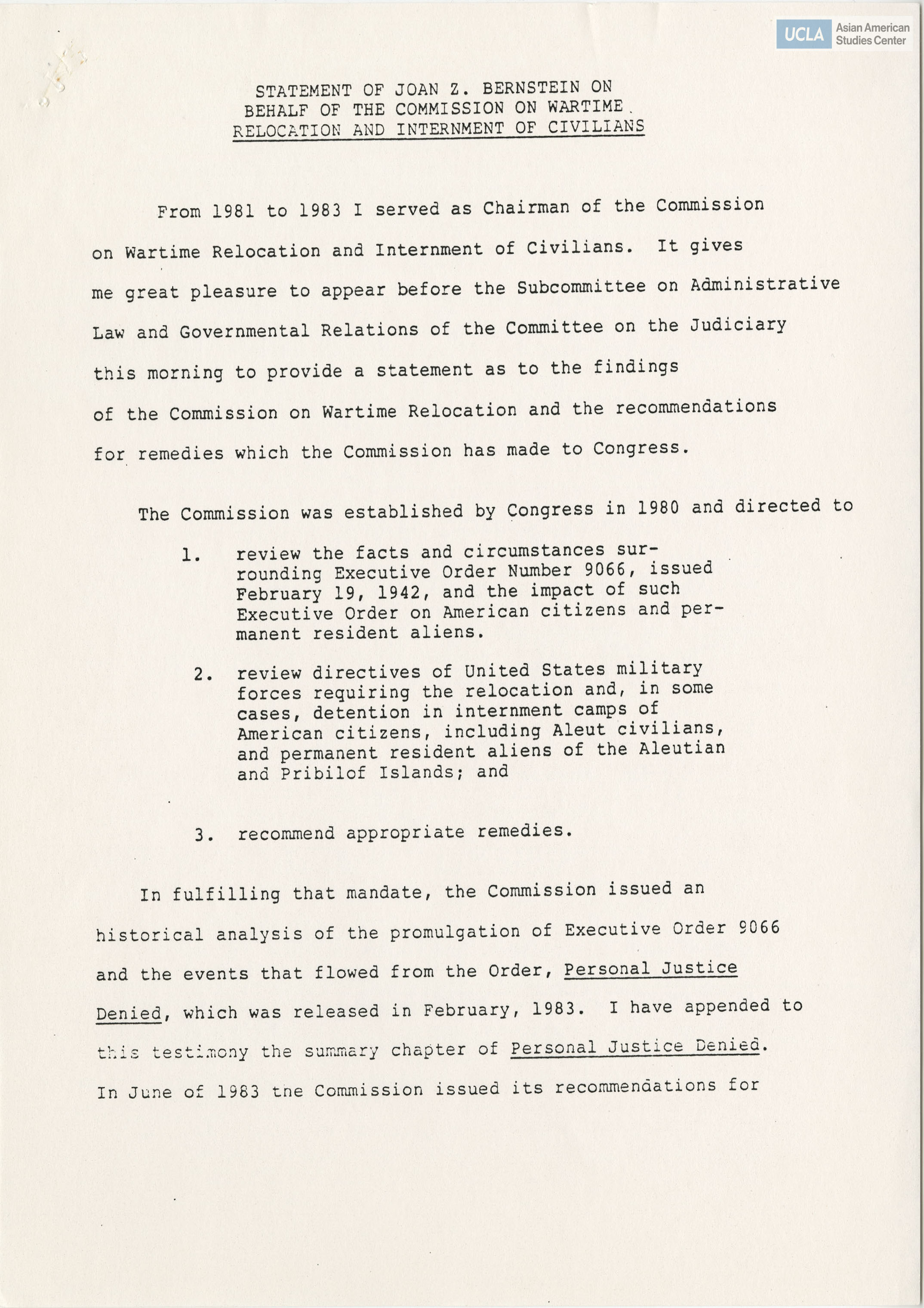 Written testimony of Joan Z. Bernstein in support of bill H.R. 4110.