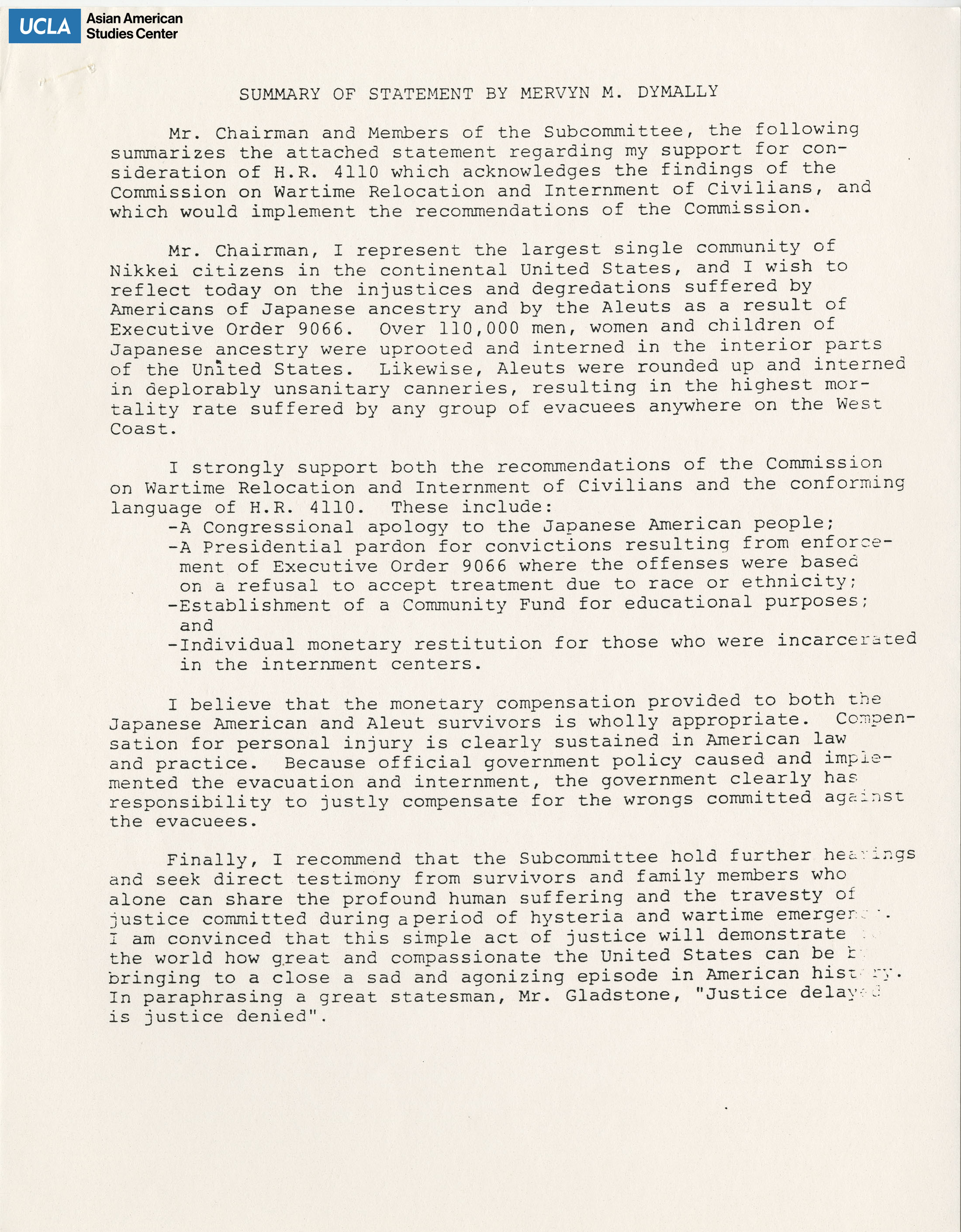 Summary regarding the testimony of Mervyn M. Dymally.