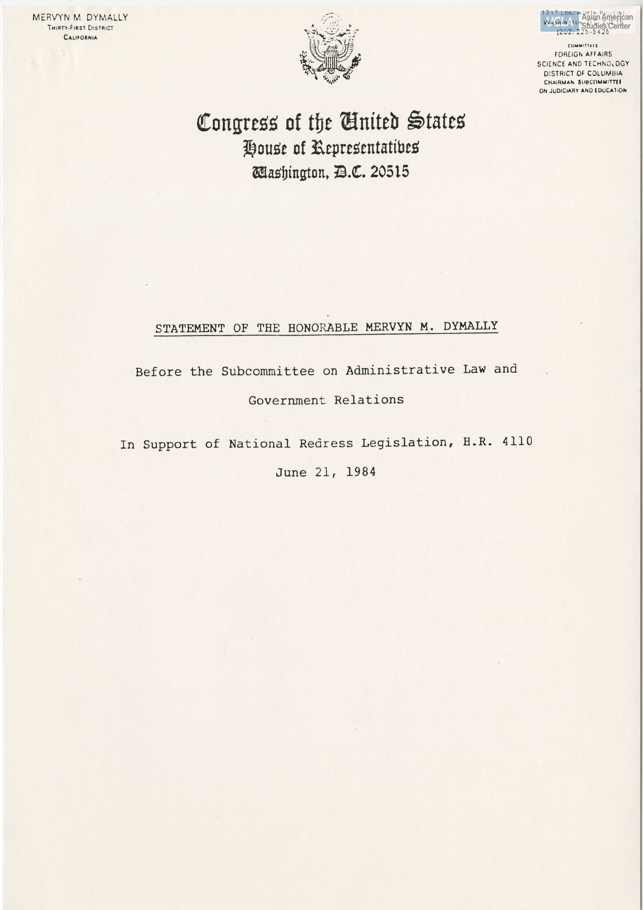 Written testimony of Mervyn M. Dymally in support of bill H.R. 4110.