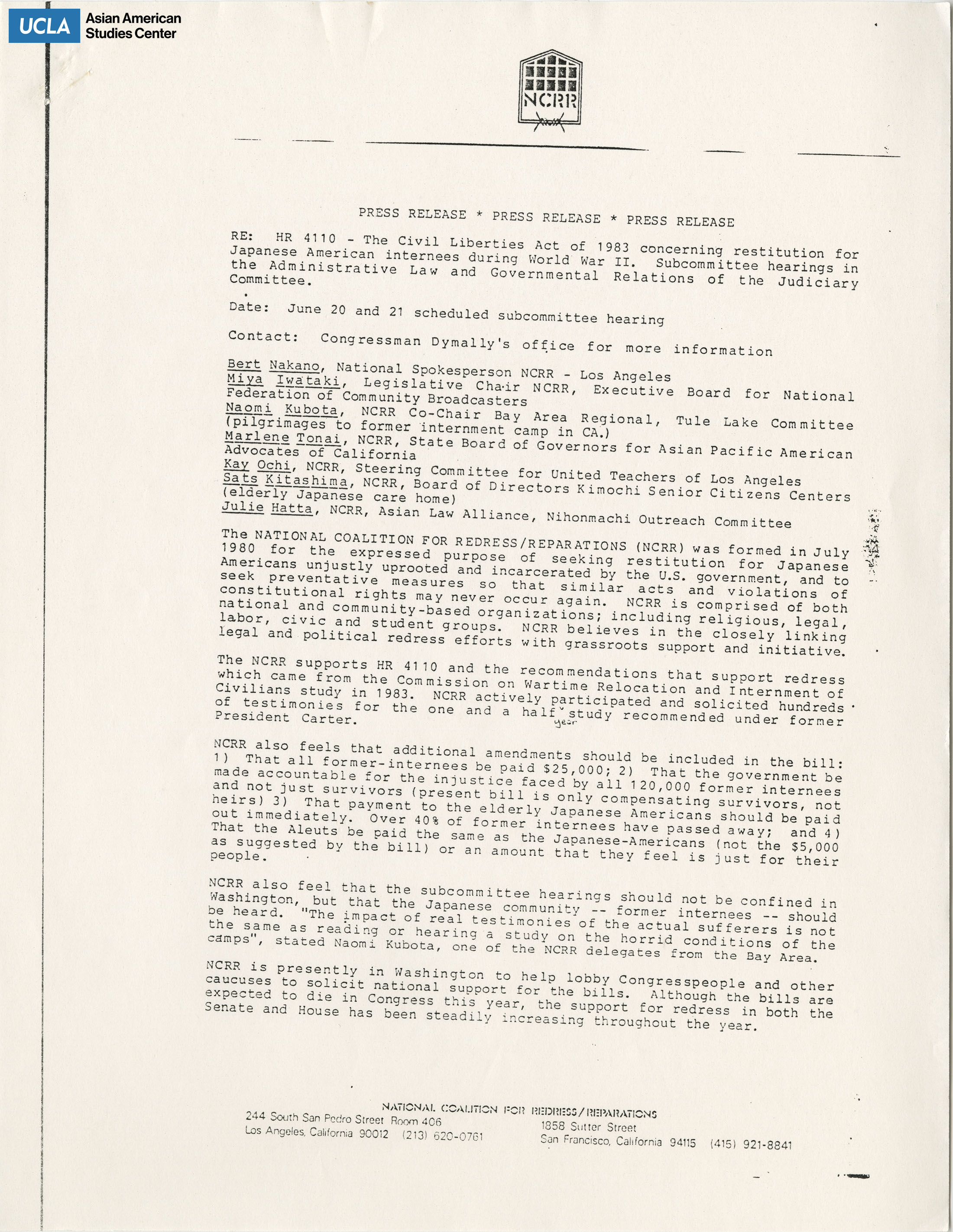 Press release regarding scheduled hearings for the Civil Liberties Act of 1983.