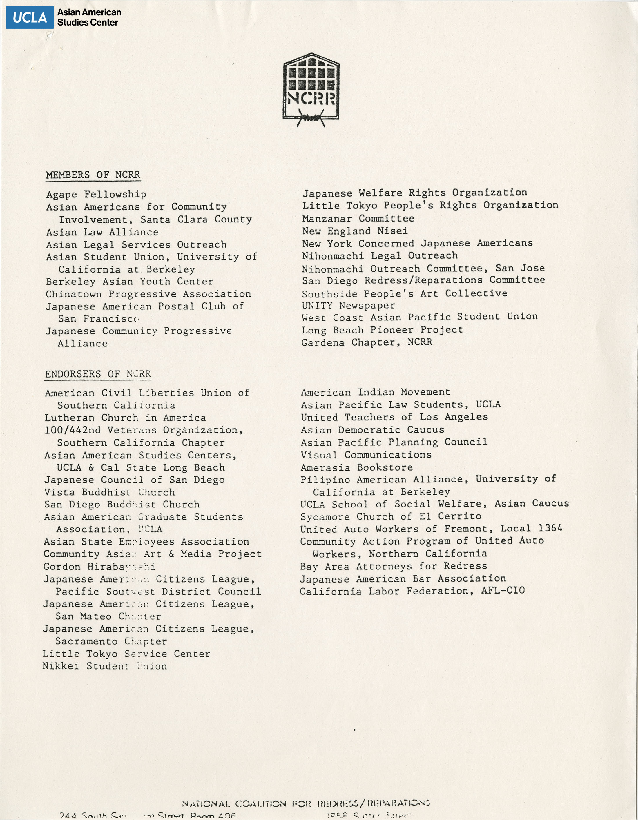 List of member organizations and endorsers of NCRR.