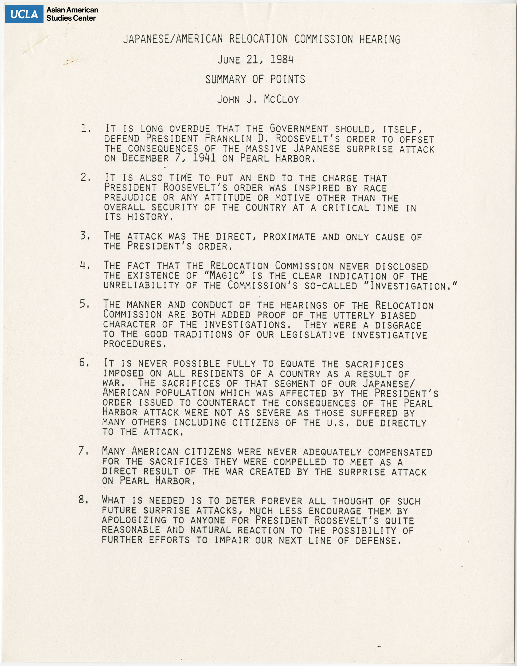 Summary regarding the testimony of John J. McCloy.